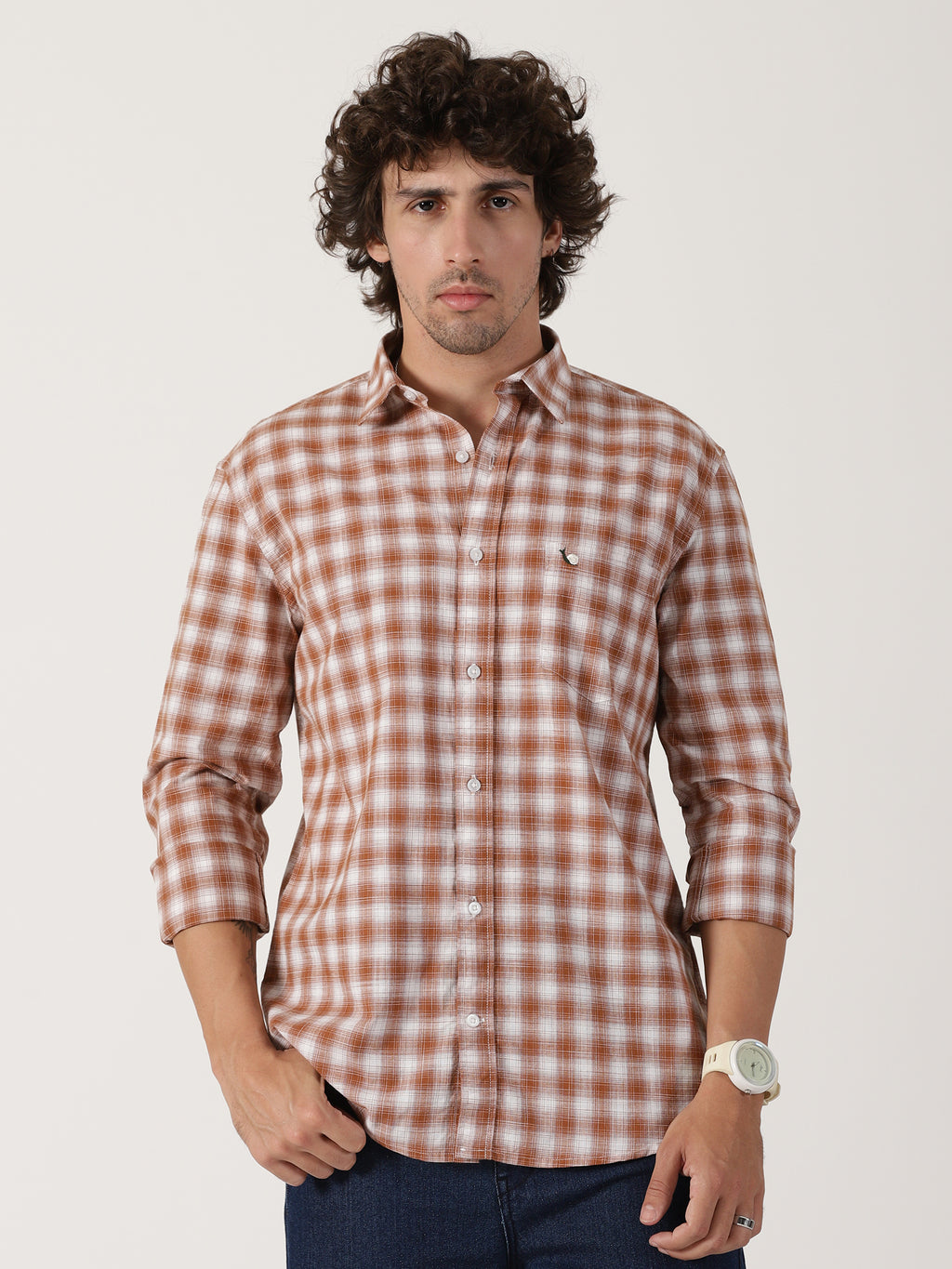 rust brown & white checkered cotton casual full sleeve shirt