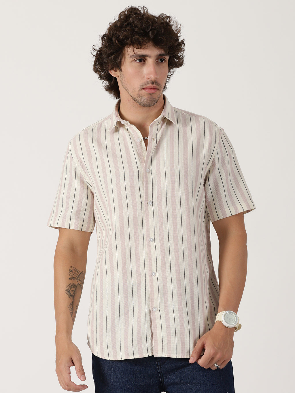 Cream & mauve vertical striped half sleeve