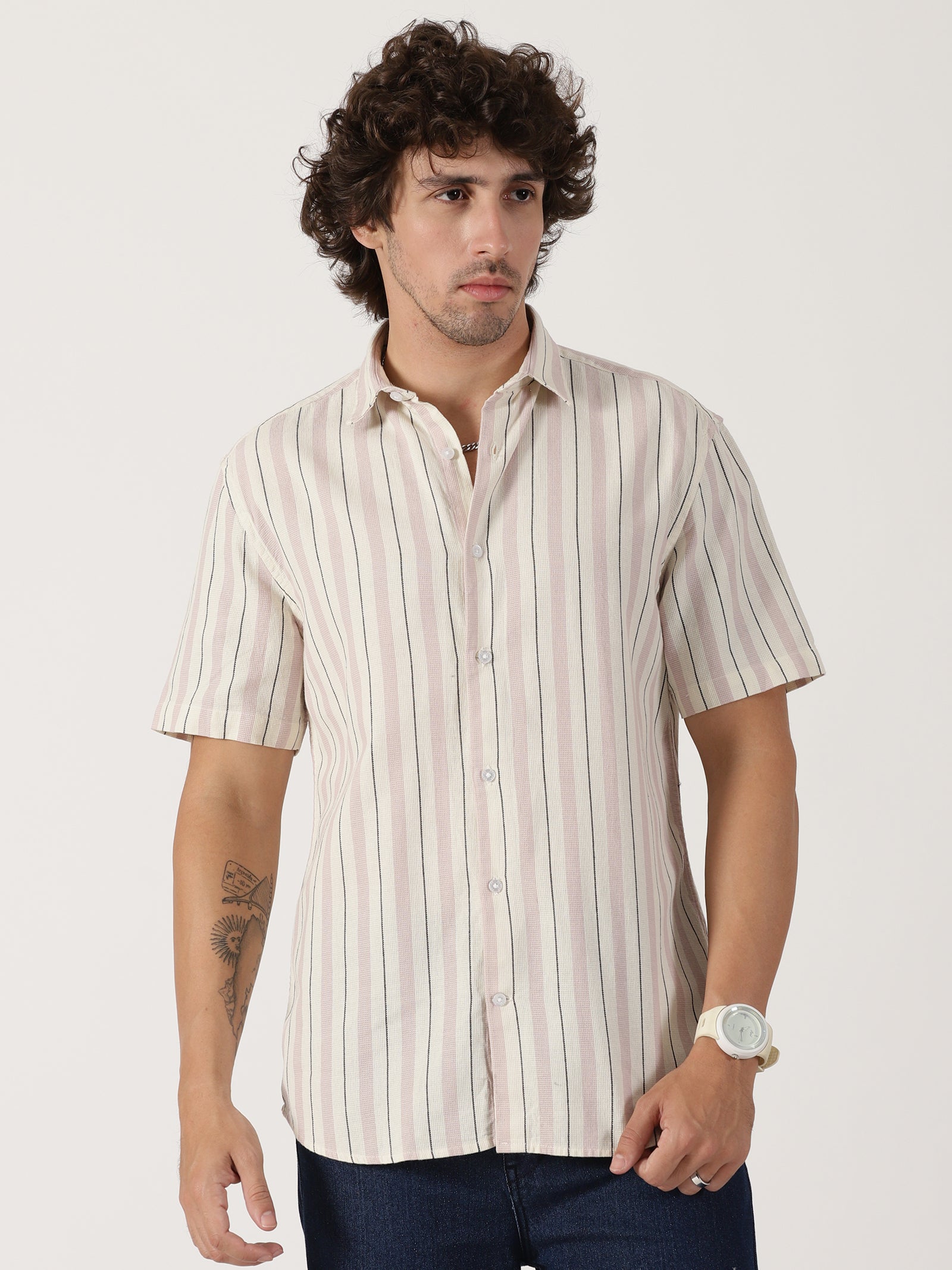 Cream & mauve vertical striped half sleeve
