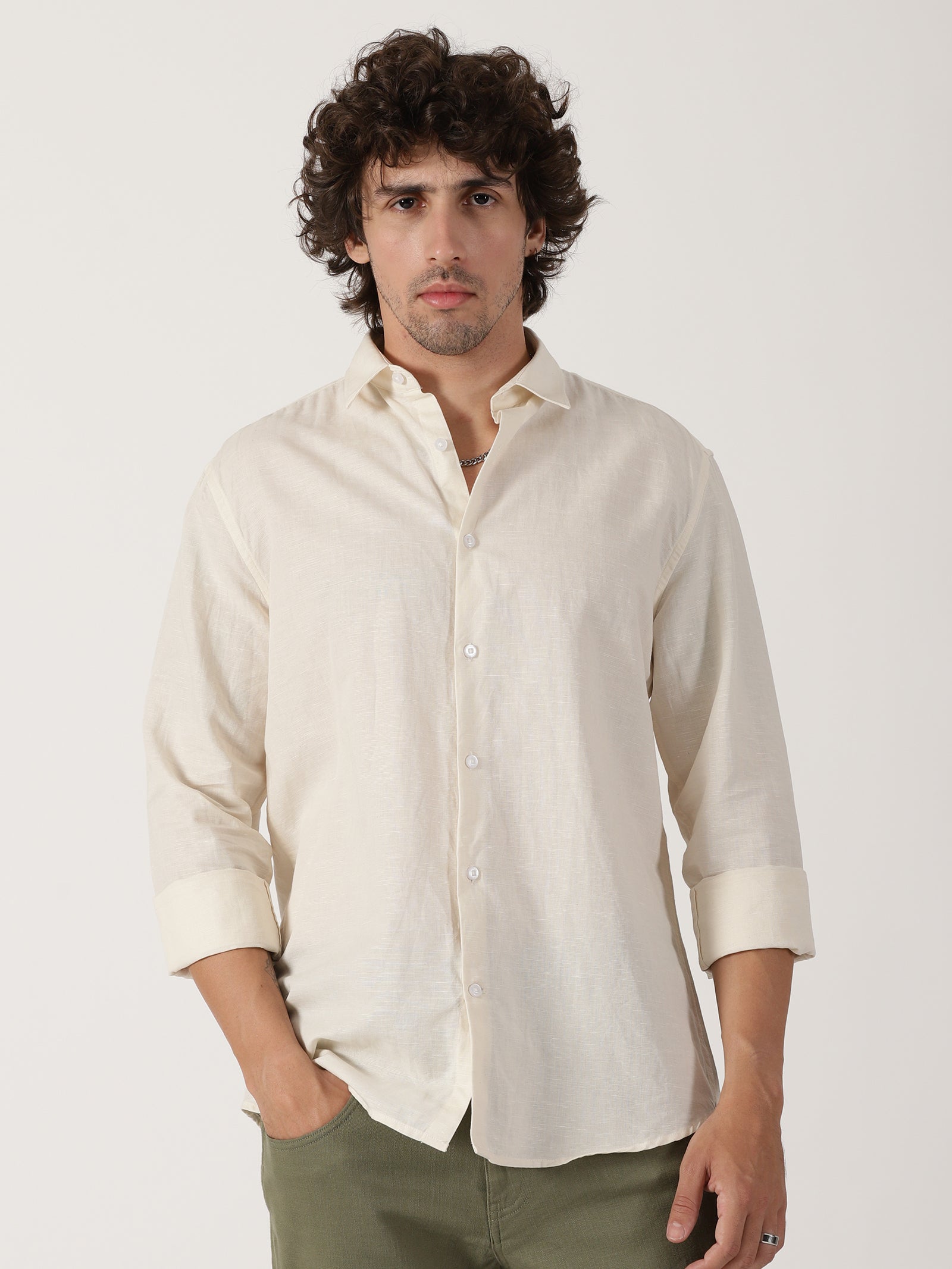 off white solid linen blend full sleeve shirt