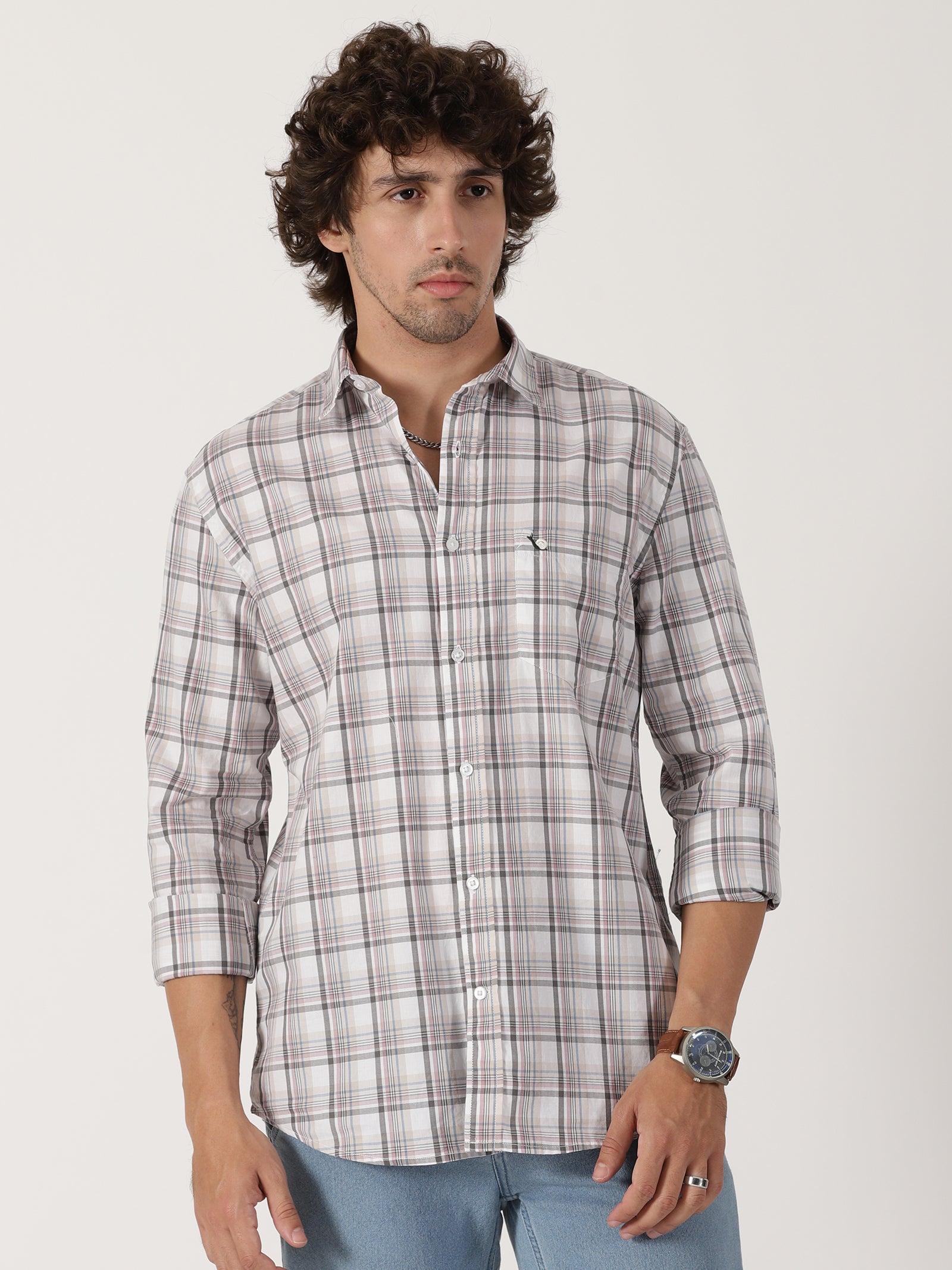 white & grey checkered casual full sleeve