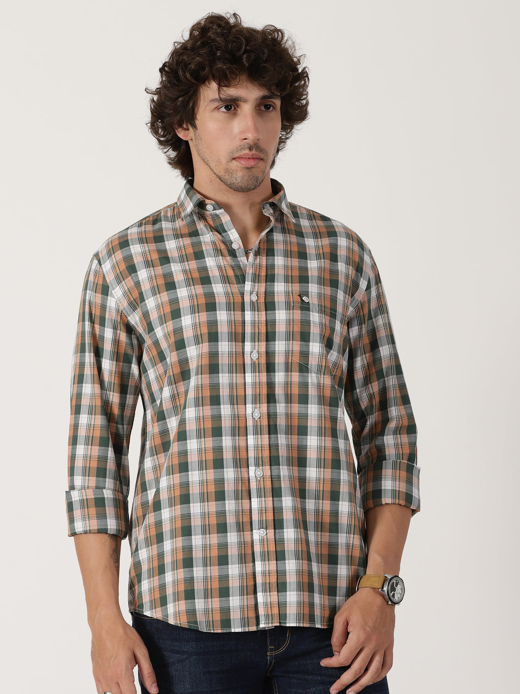 olive green & peach checkered causal full sleeve shirt