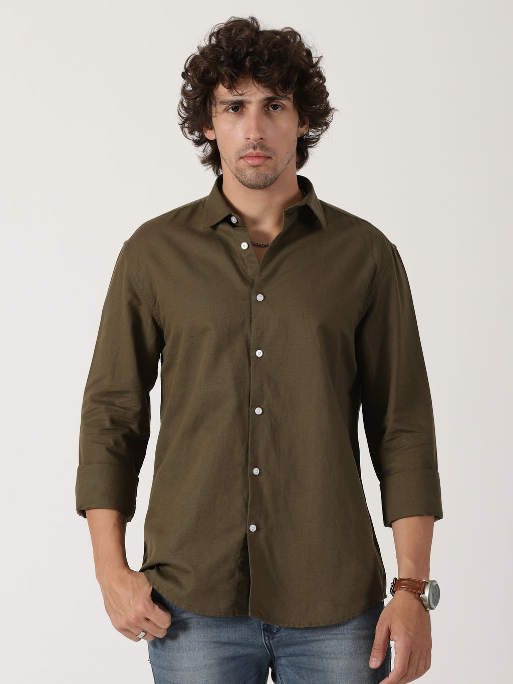 olive green linen full sleeve shirt