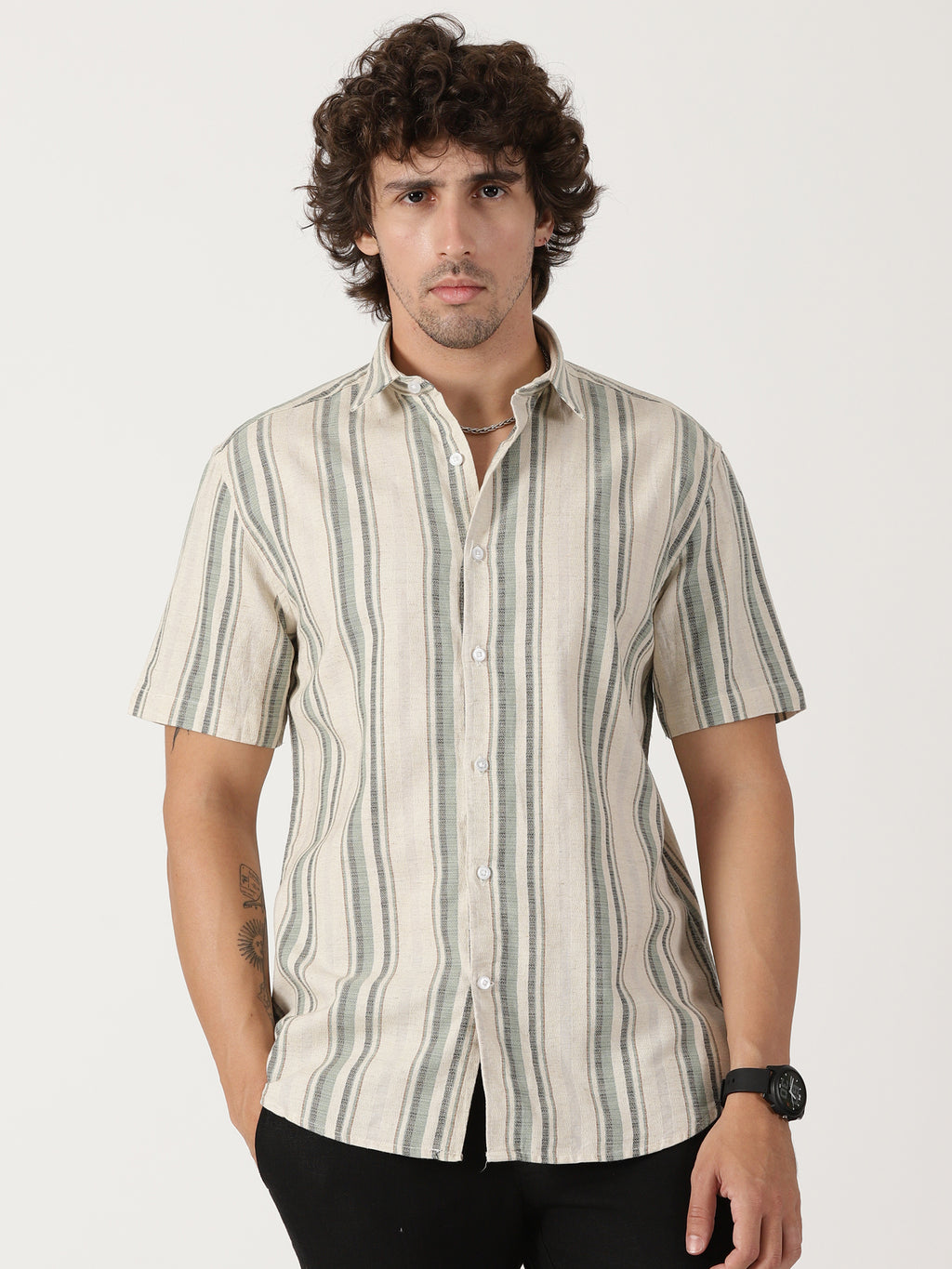 Beige & sage green vertical striped linen blend casual half sleeve