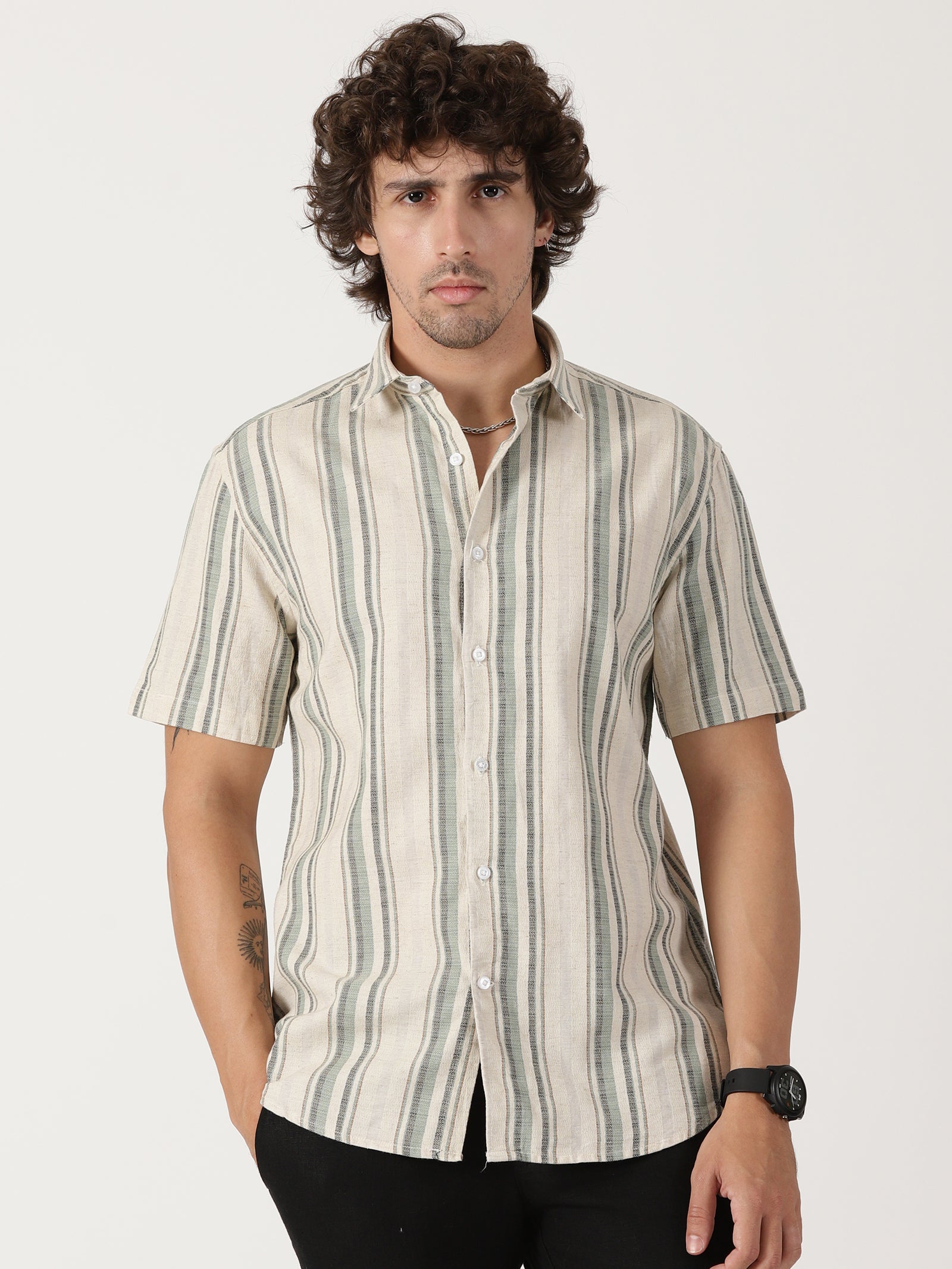 Beige & sage green vertical striped linen blend casual half sleeve
