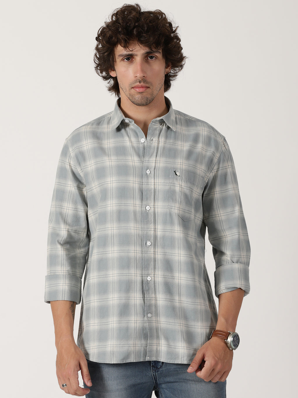 light grey & white checkered full sleeve shirt
