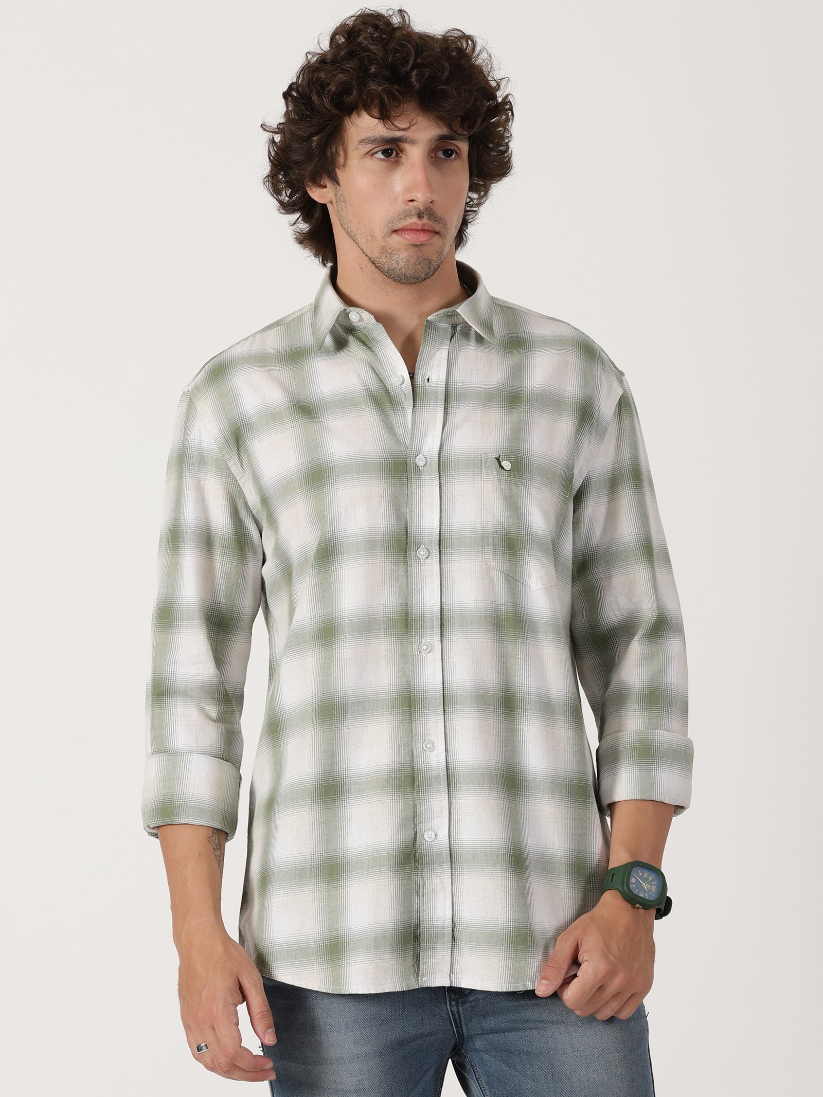 sage green & white checkered full sleeve shirt