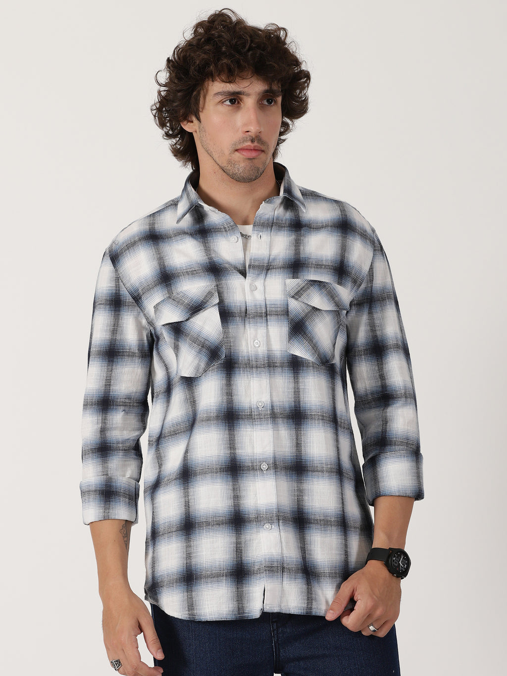 white & navy blue plaid cotton full sleeve shirt
