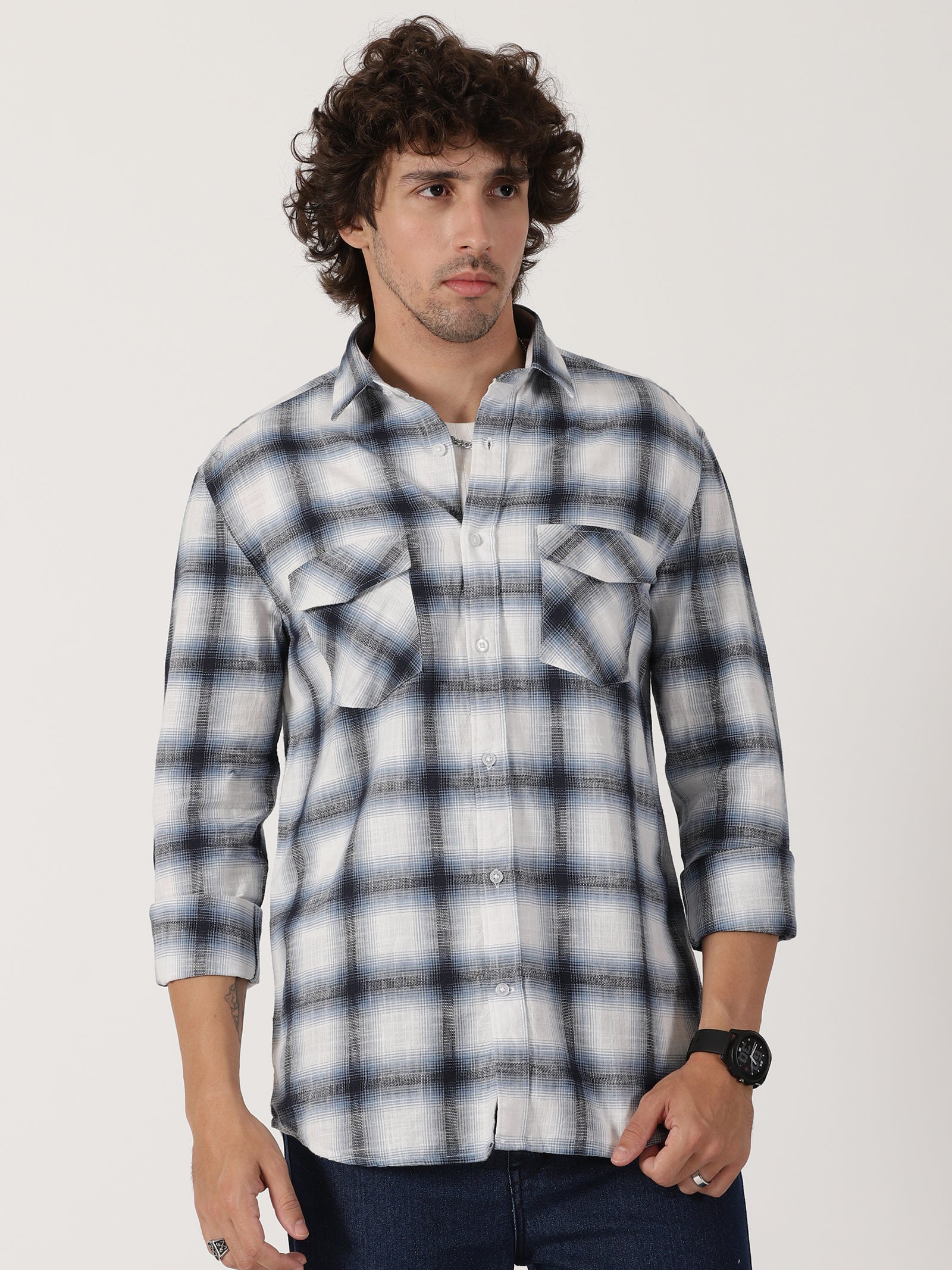 white & navy blue plaid cotton full sleeve shirt