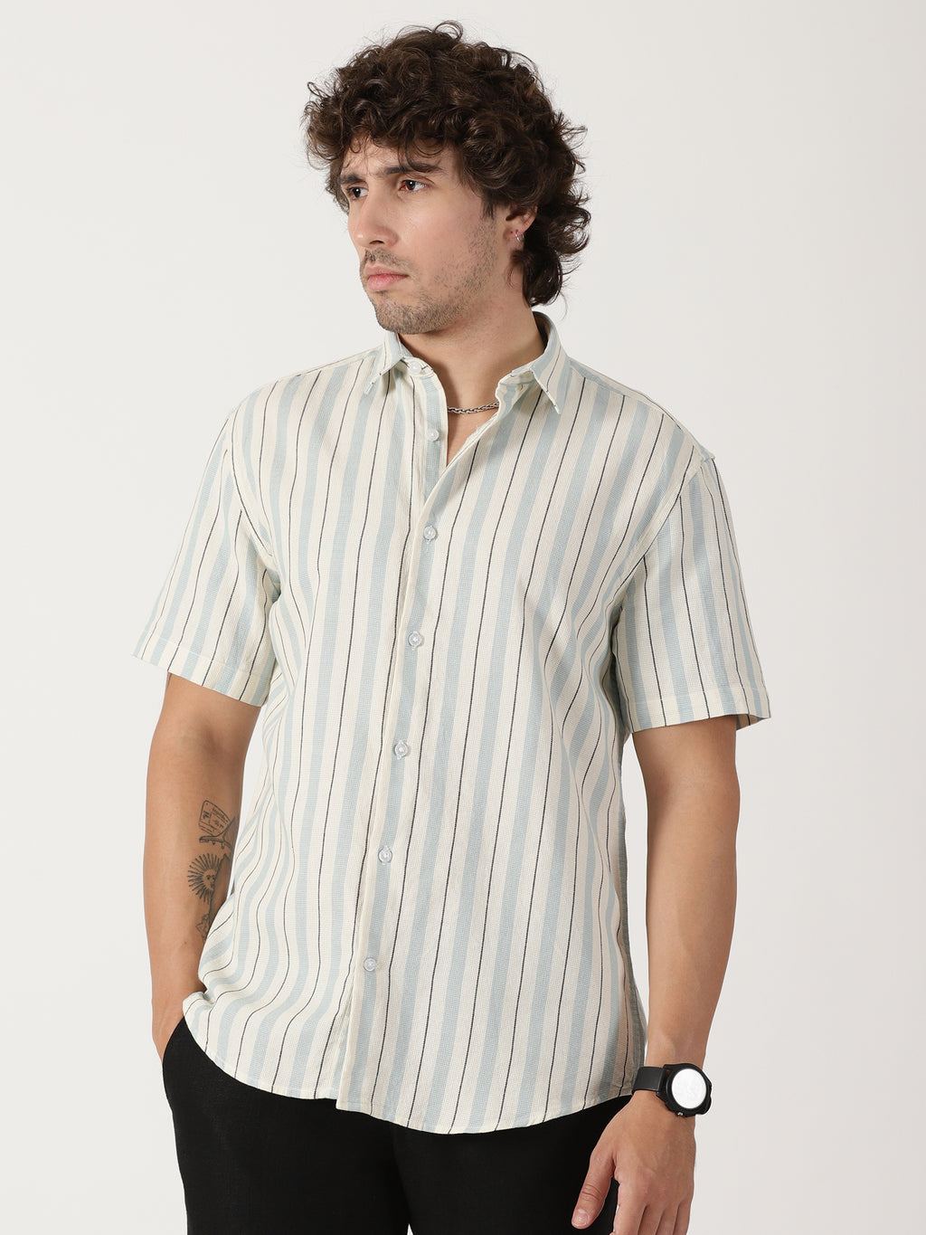 white & sky blue vertical striped cotton blend half sleeve shirt
