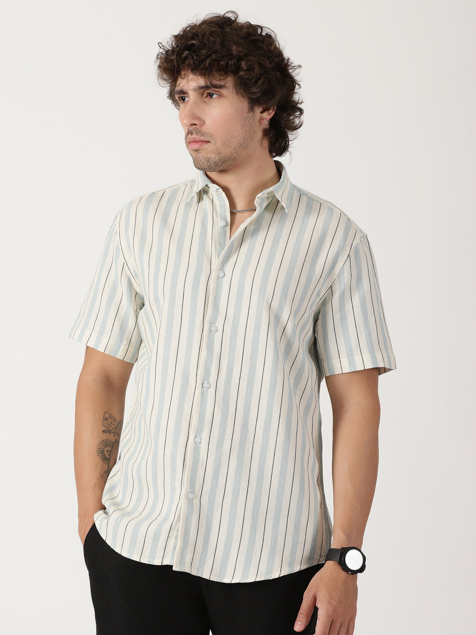 white & sky blue vertical striped cotton blend half sleeve shirt
