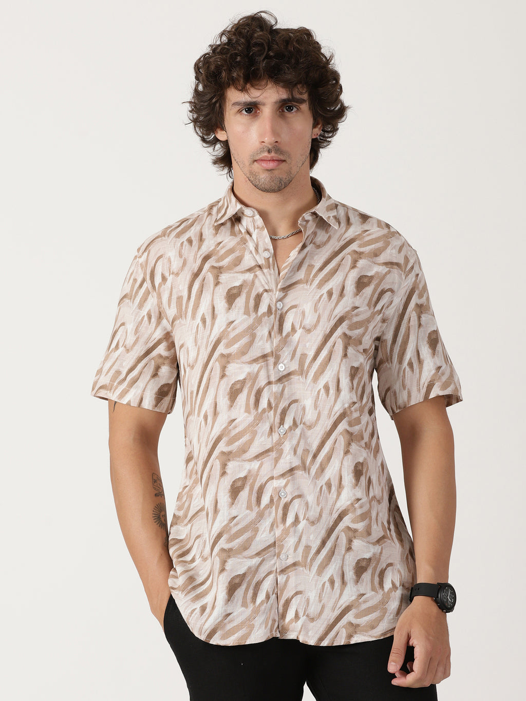 beige abstract print linen blend causal half sleeve shirt