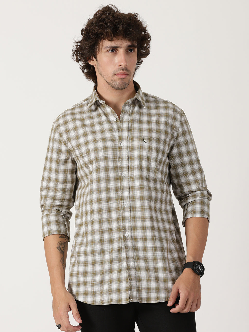 olive green & white checkered cotton shirt