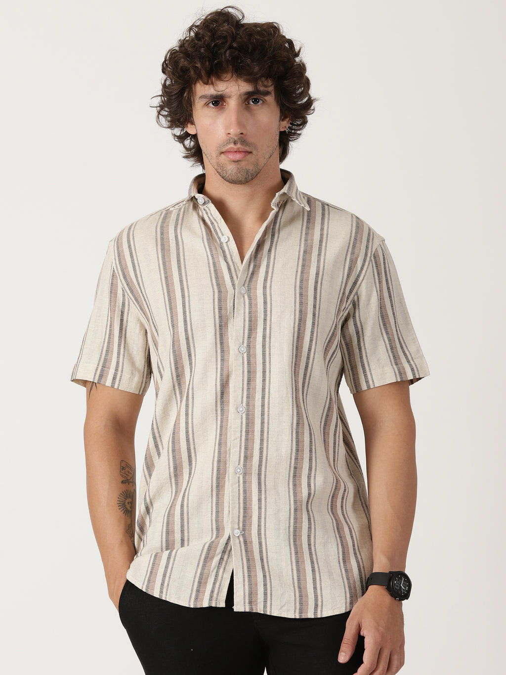 Men's Beige Multi-Toned Vertical Striped Short-Sleeve Resort Shirt