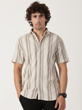 Men's Beige Multi-Toned Vertical Striped Short-Sleeve Resort Shirt