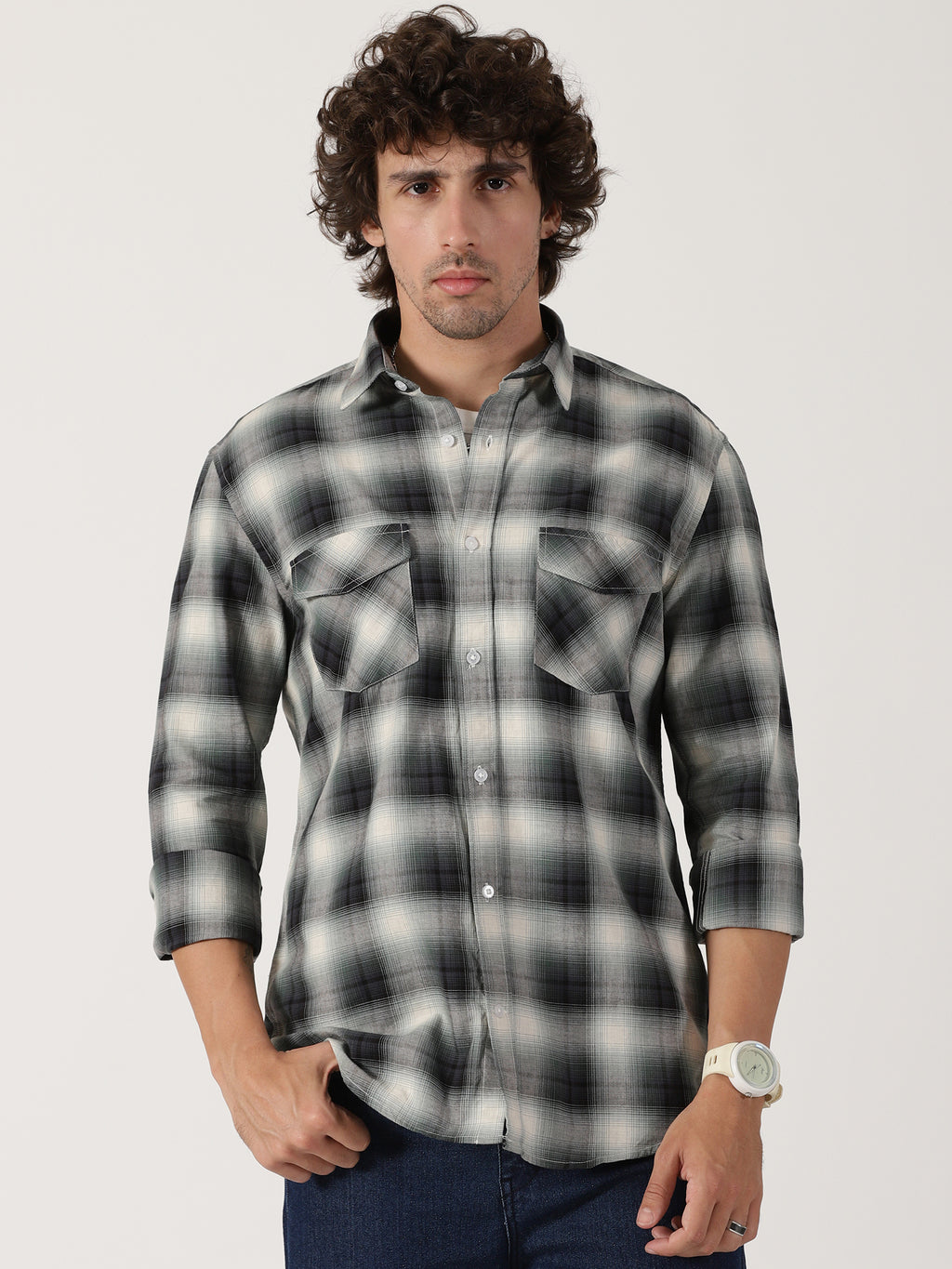 Green & black plaid cotton casual full sleeve shirt