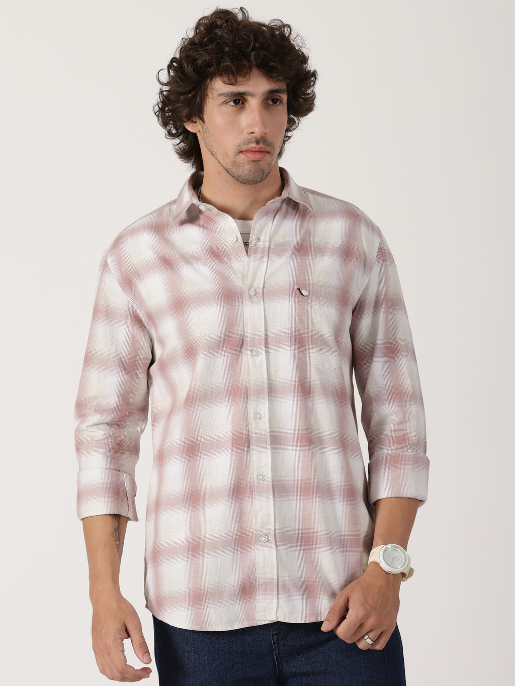 Dusty pink & white plaid cotton casual full sleeve shirt