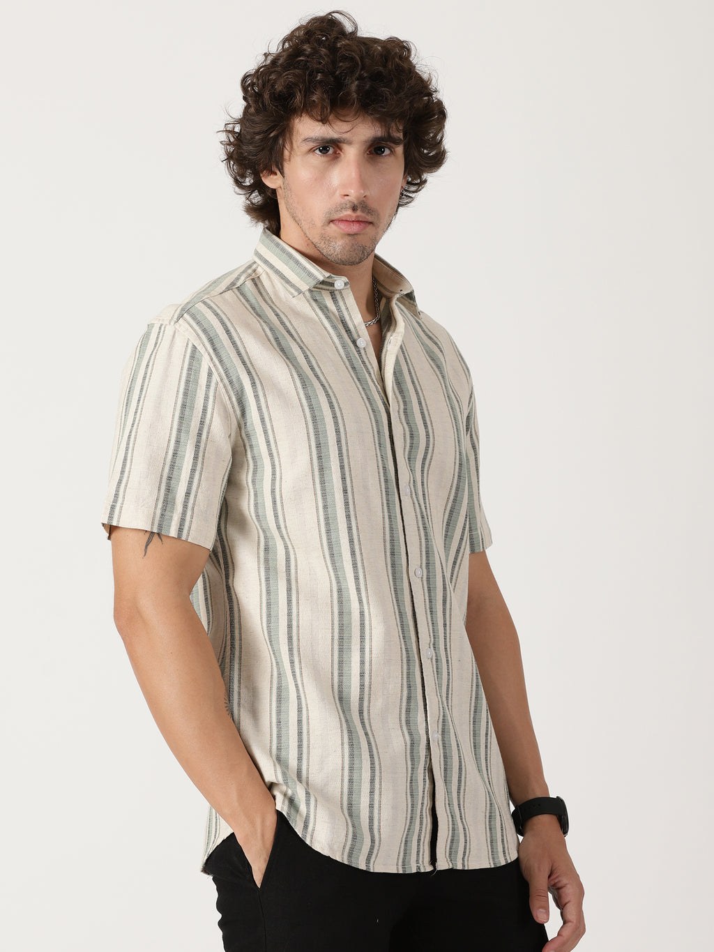 Beige & sage green vertical striped linen blend casual half sleeve