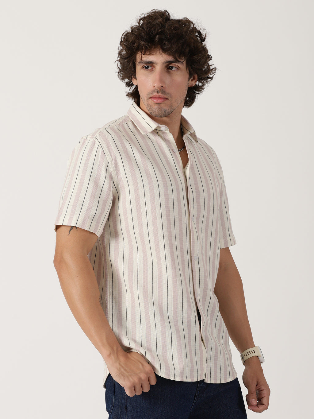 Cream & mauve vertical striped half sleeve