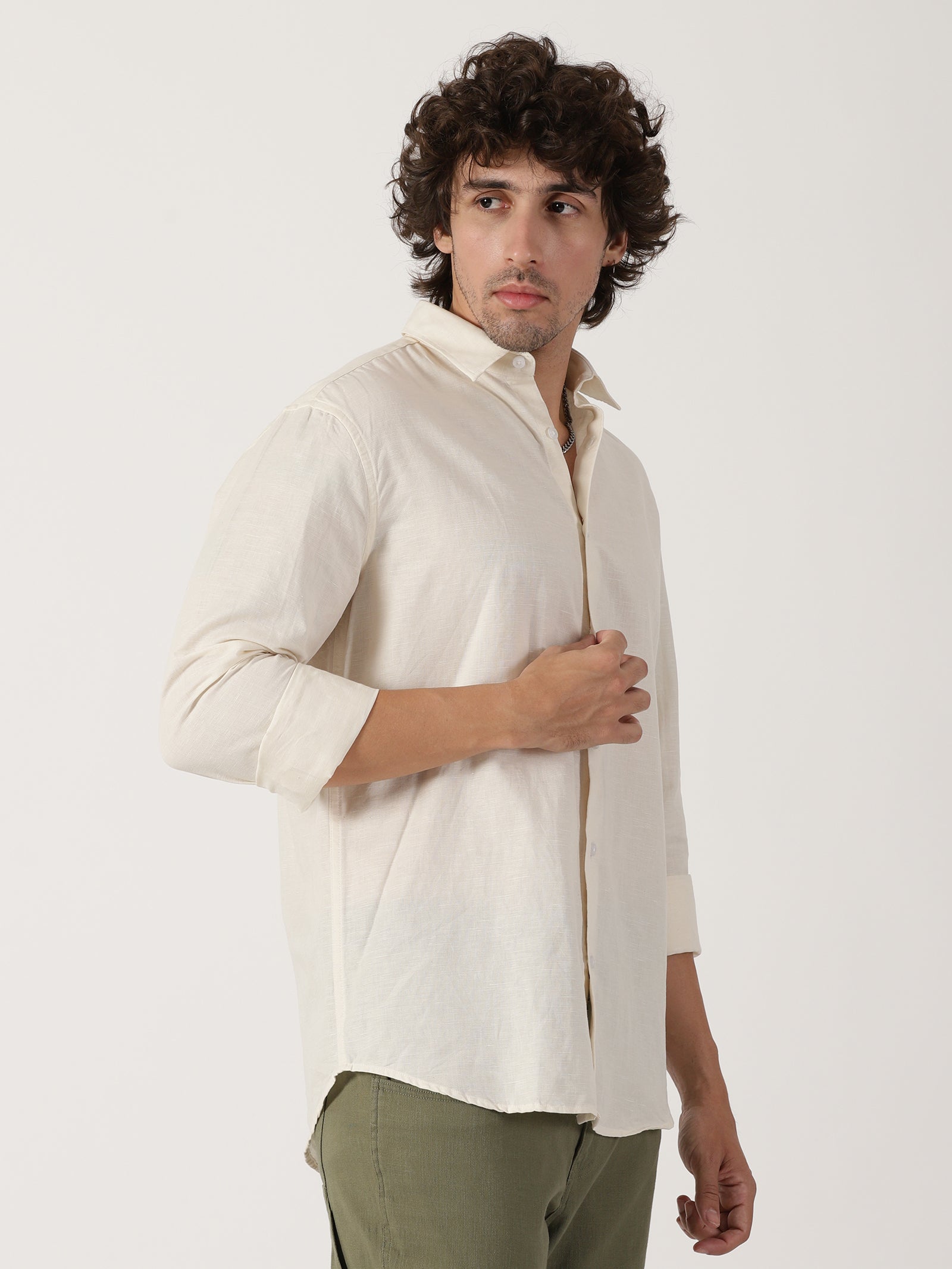 off white solid linen blend full sleeve shirt
