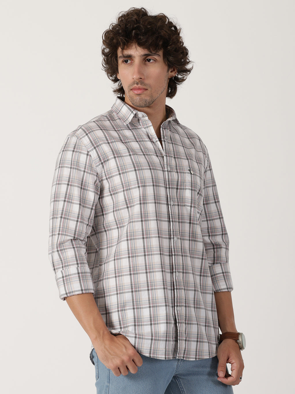 white & grey checkered casual full sleeve