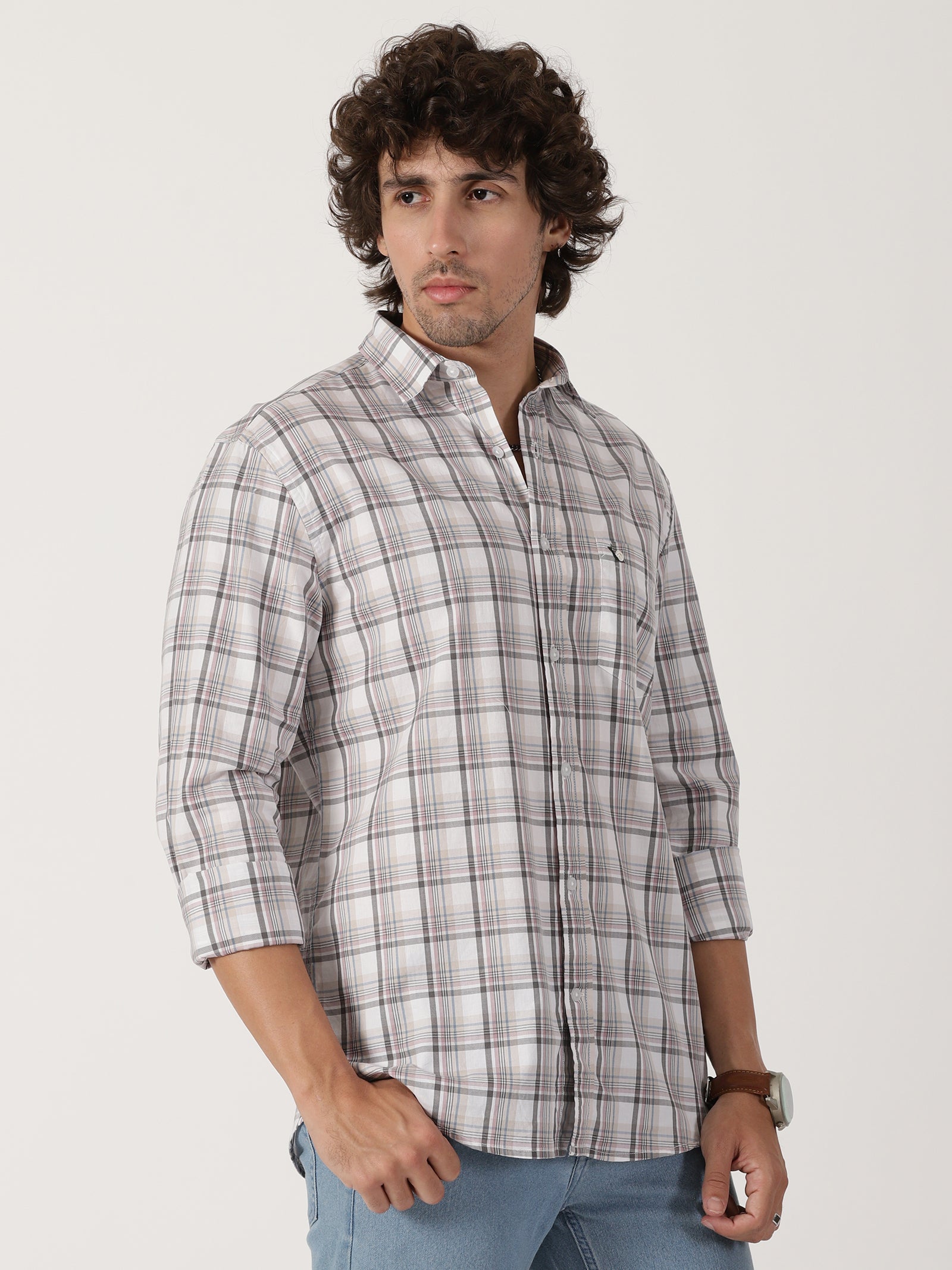 white & grey checkered casual full sleeve