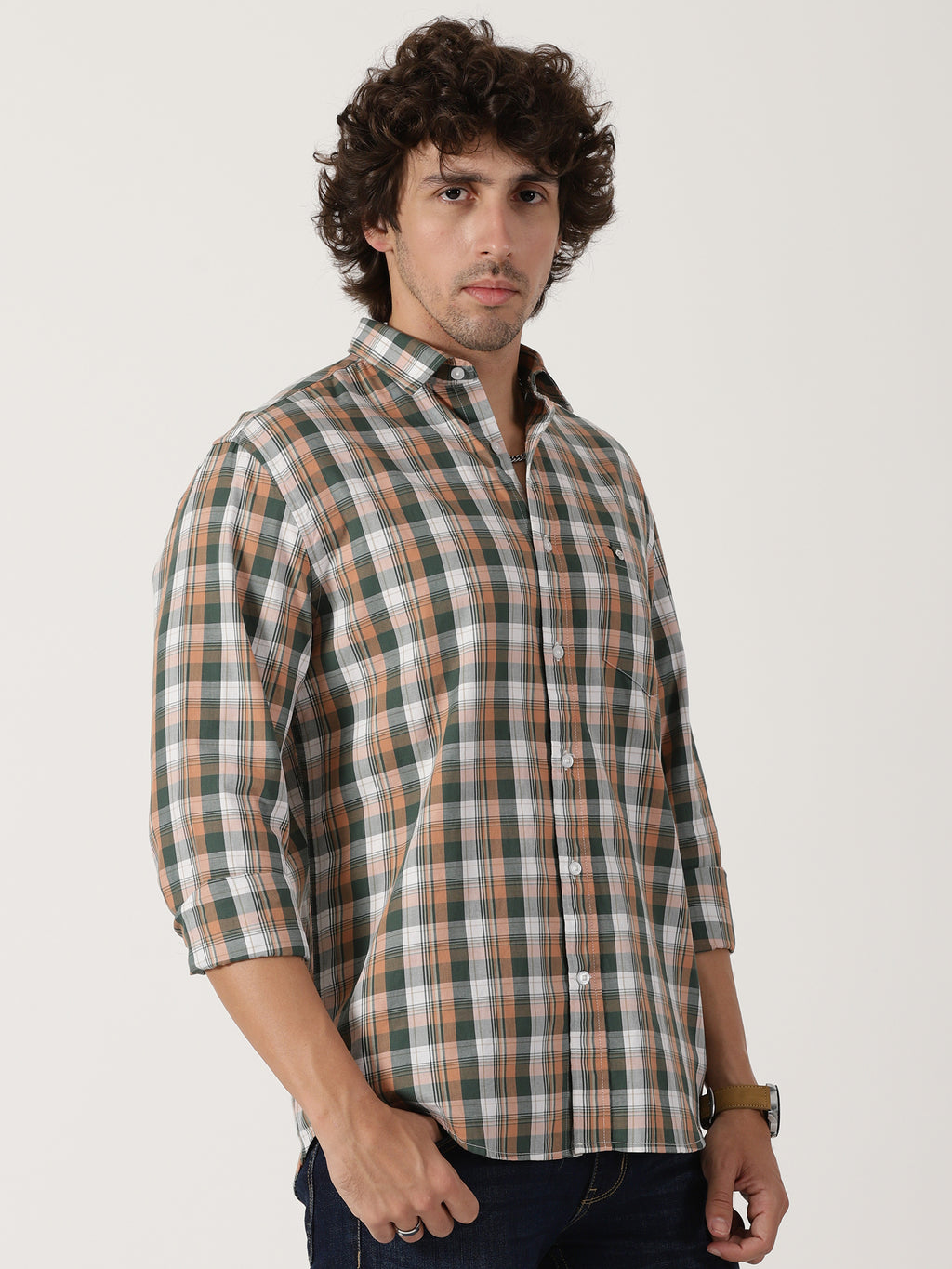 olive green & peach checkered causal full sleeve shirt