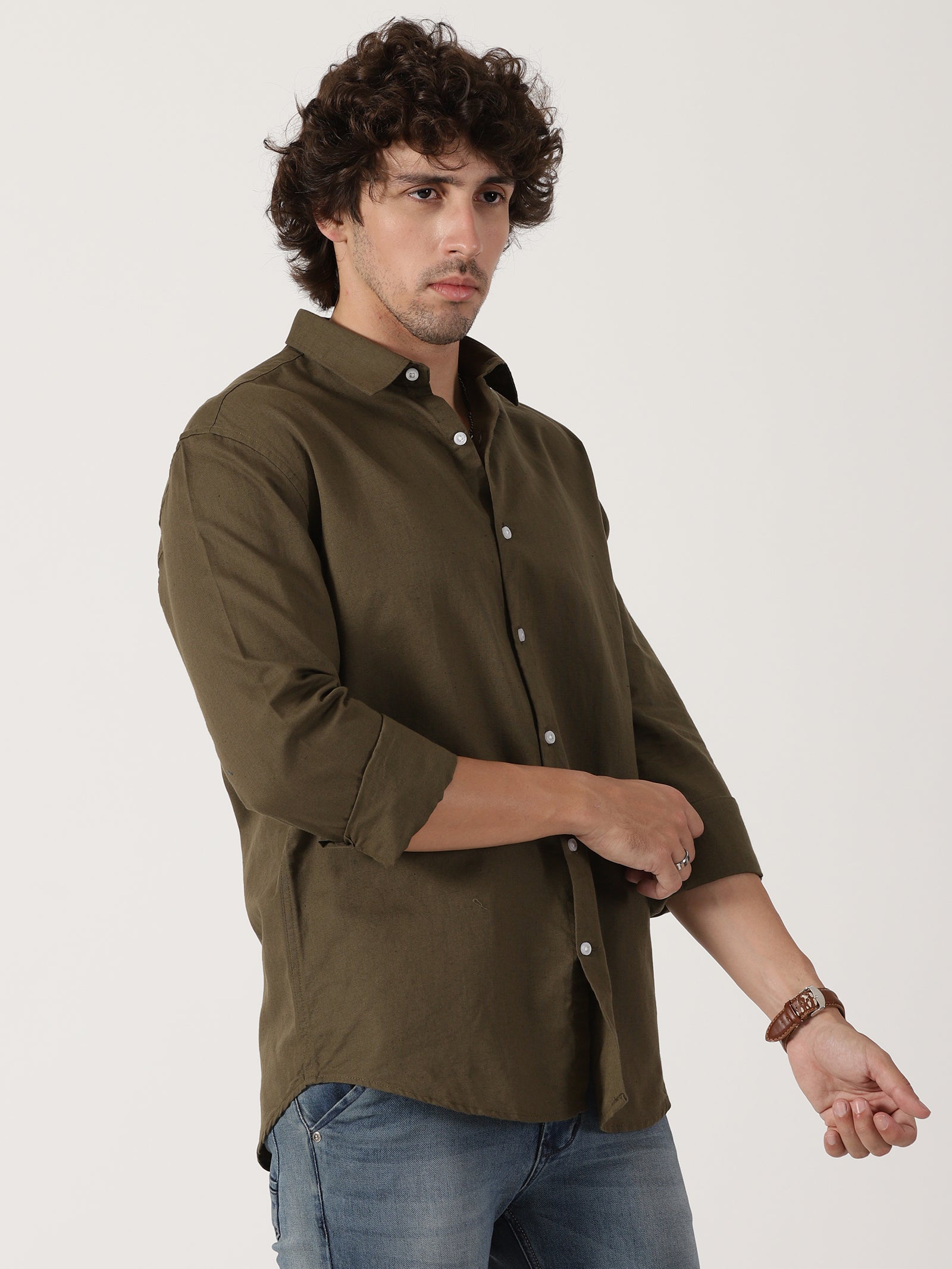 olive green linen full sleeve shirt