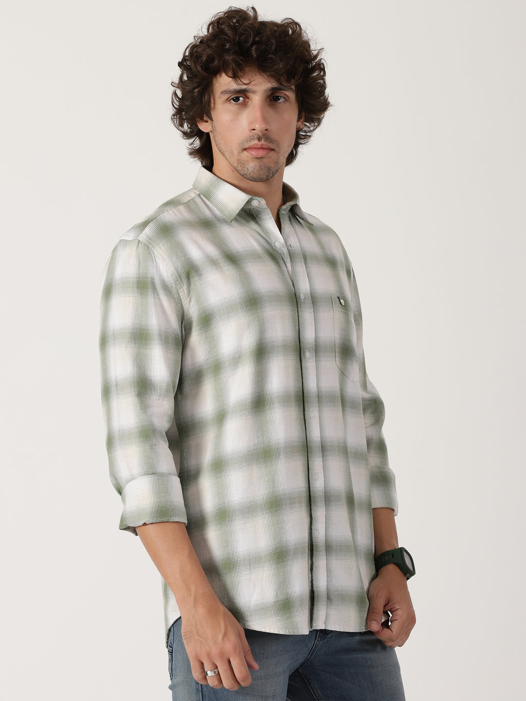 sage green & white checkered full sleeve shirt