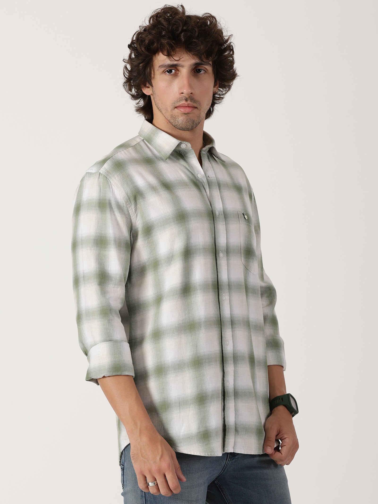 sage green & white checkered full sleeve shirt