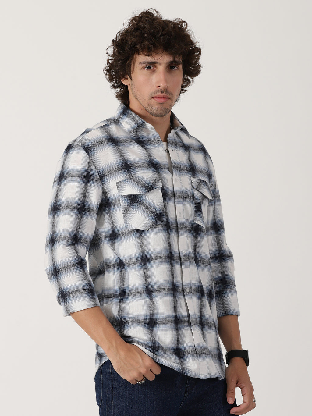 white & navy blue plaid cotton full sleeve shirt
