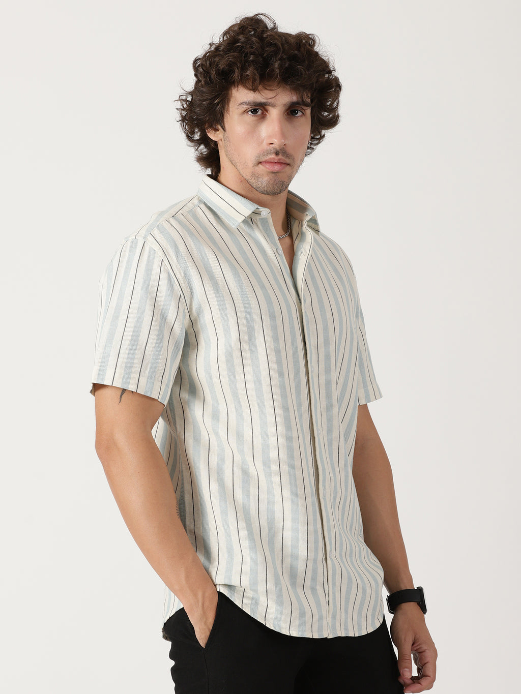 white & sky blue vertical striped cotton blend half sleeve shirt