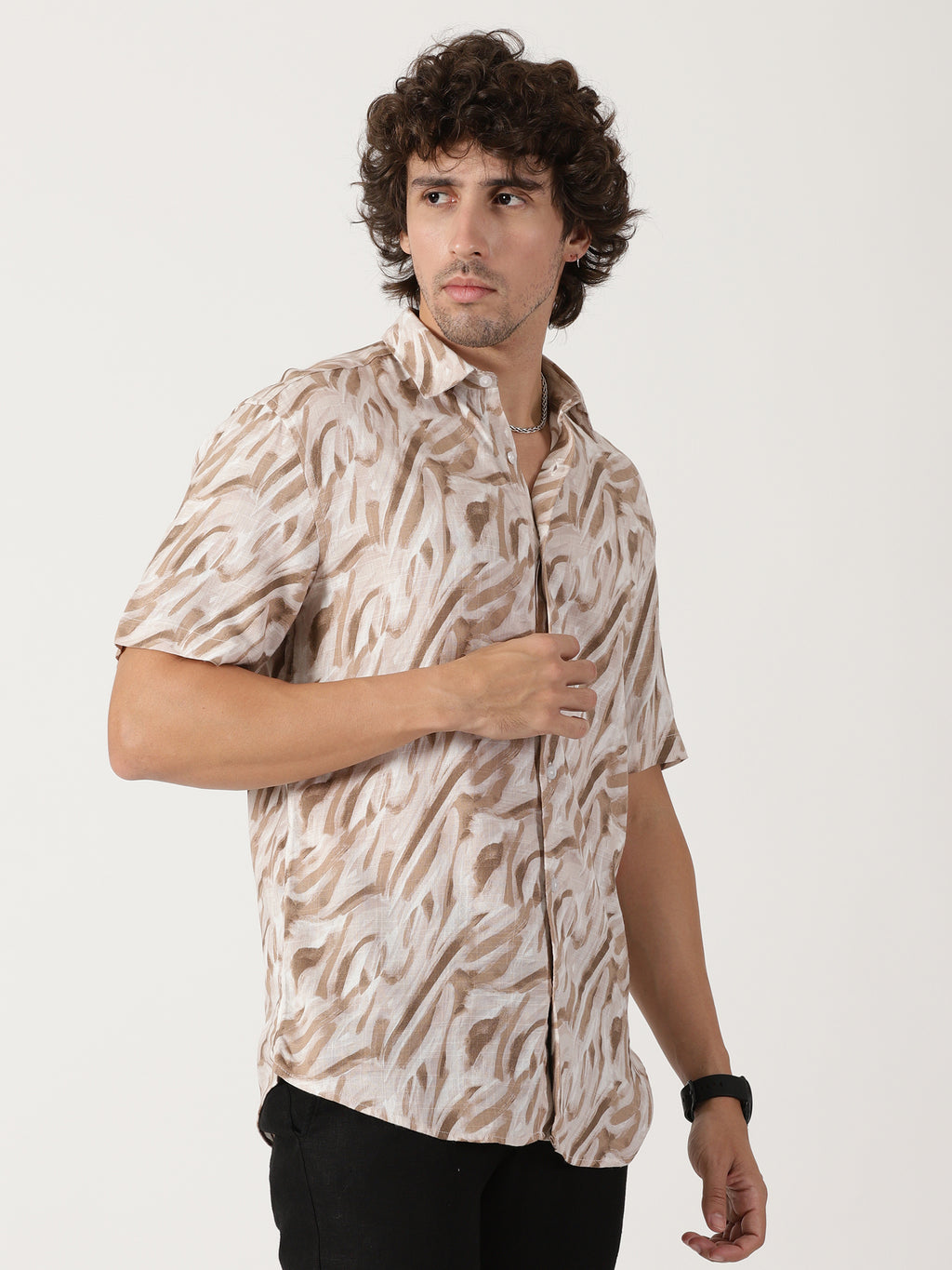 beige abstract print linen blend causal half sleeve shirt