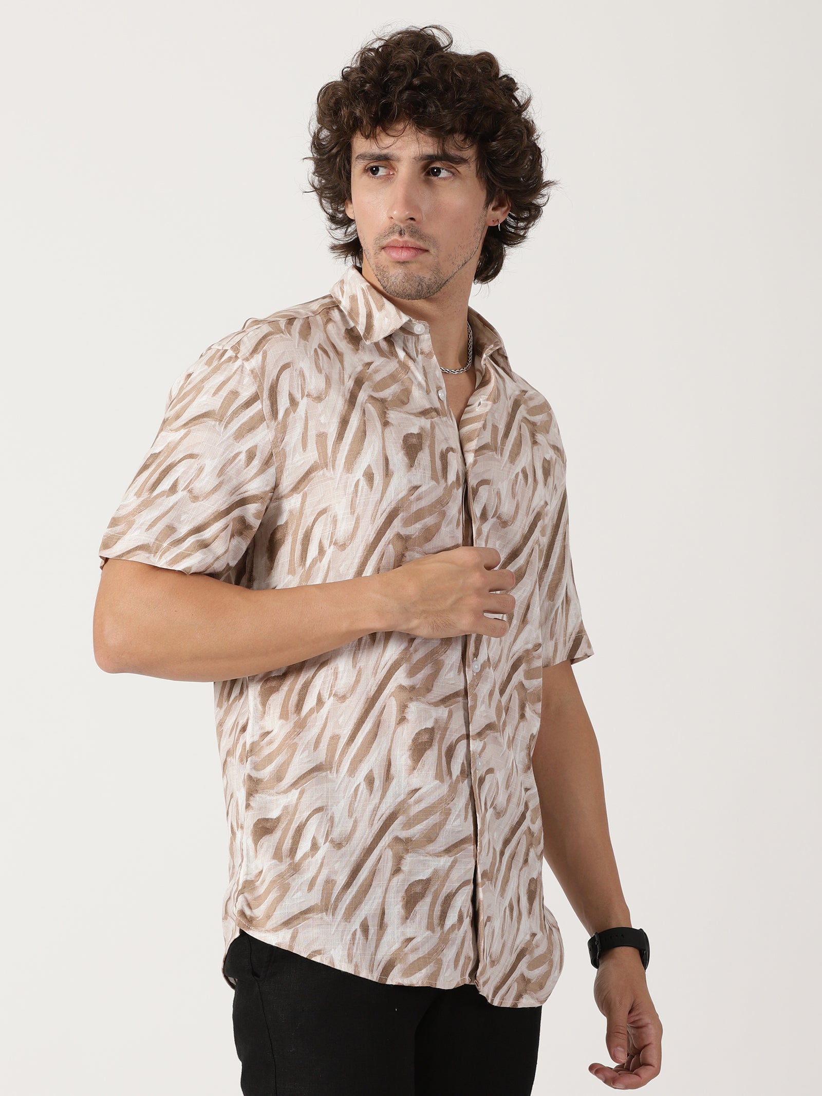 beige abstract print linen blend causal half sleeve shirt