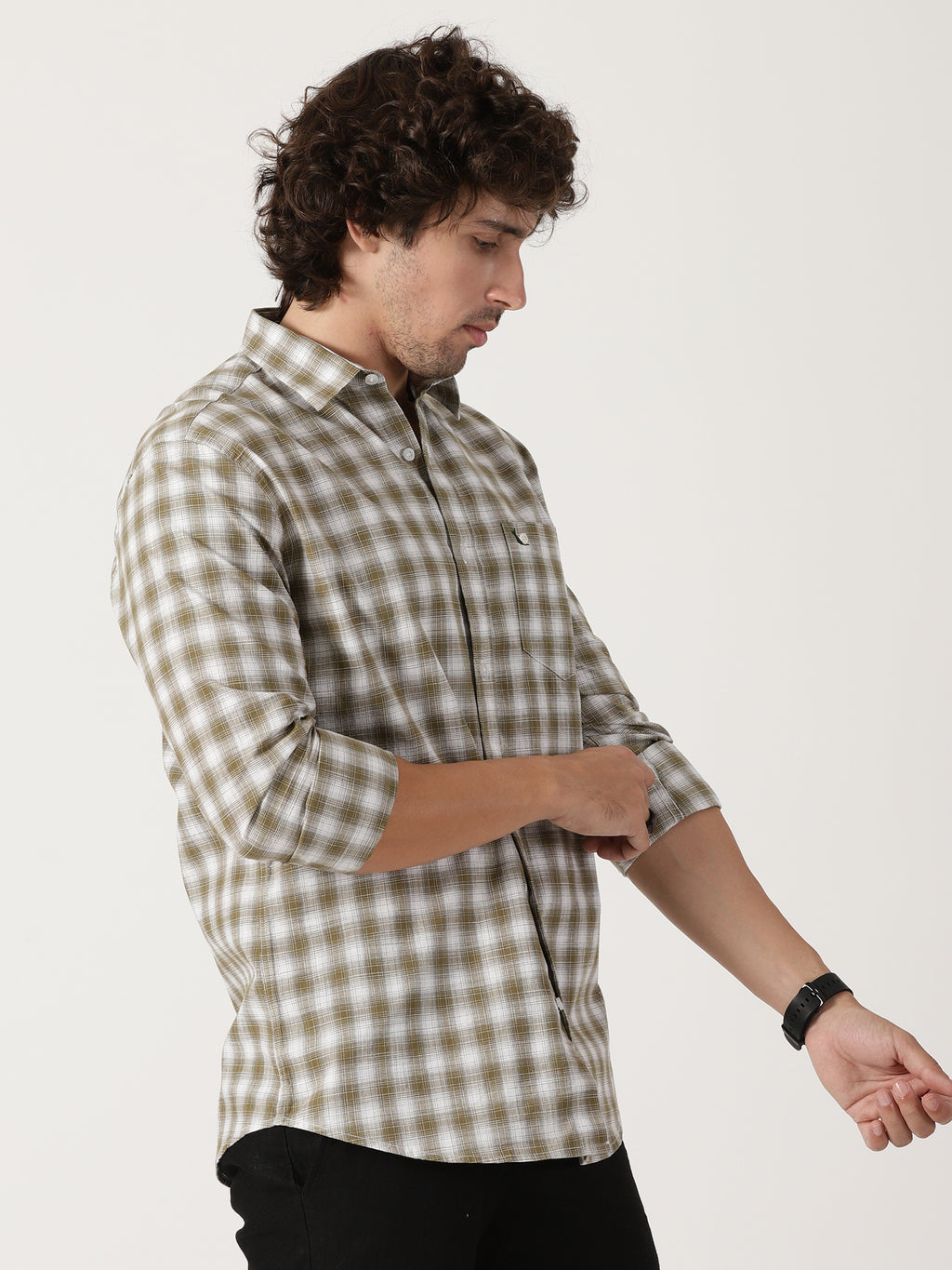 olive green & white checkered cotton shirt