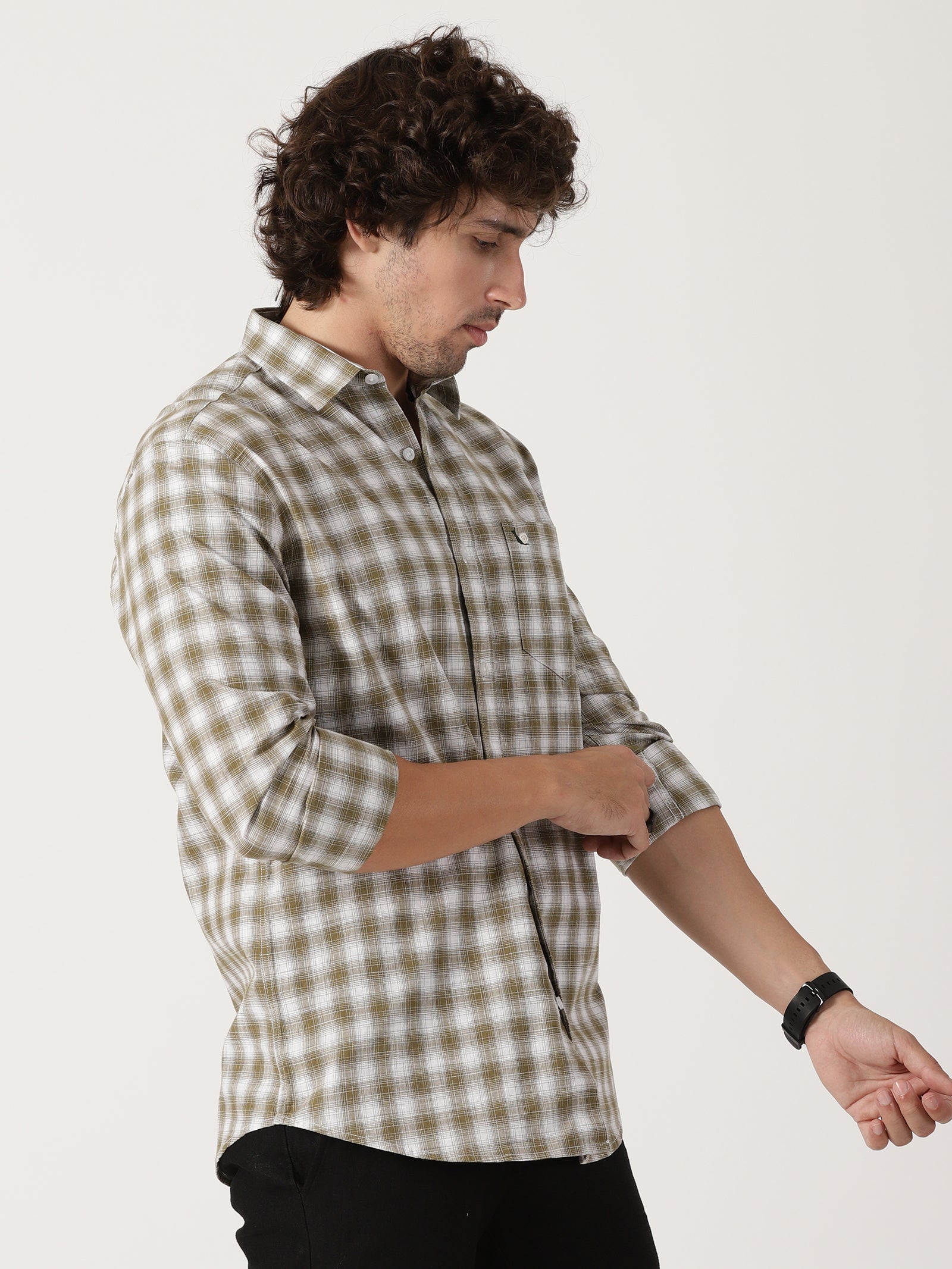 olive green & white checkered cotton shirt