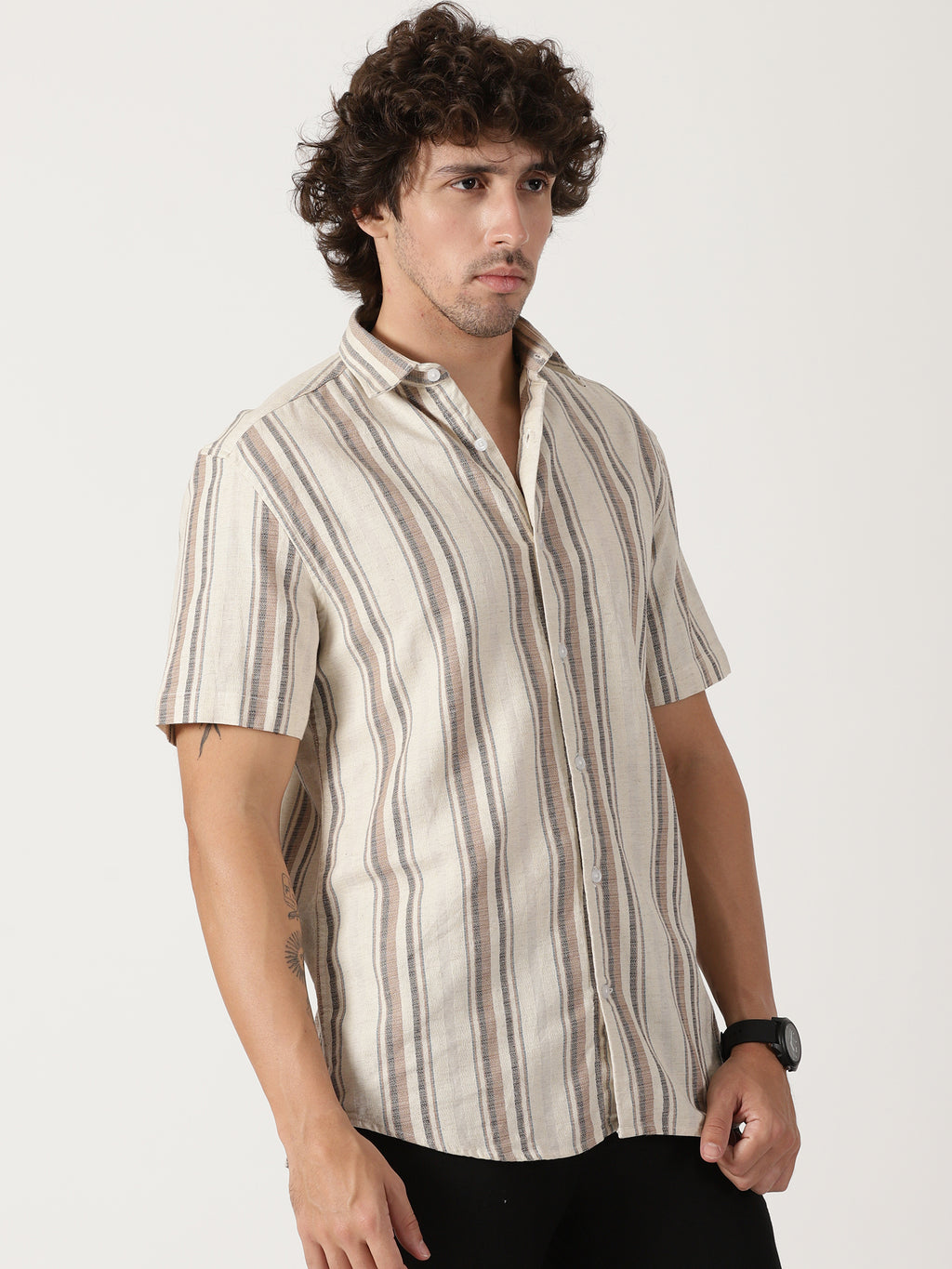 Men's Beige Multi-Toned Vertical Striped Short-Sleeve Resort Shirt