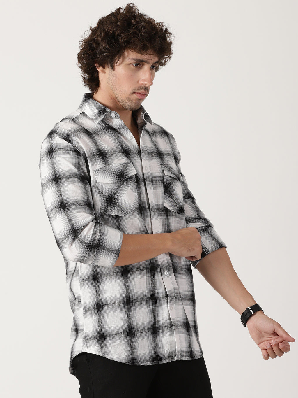 Black & white plaid cotton casual full sleeve