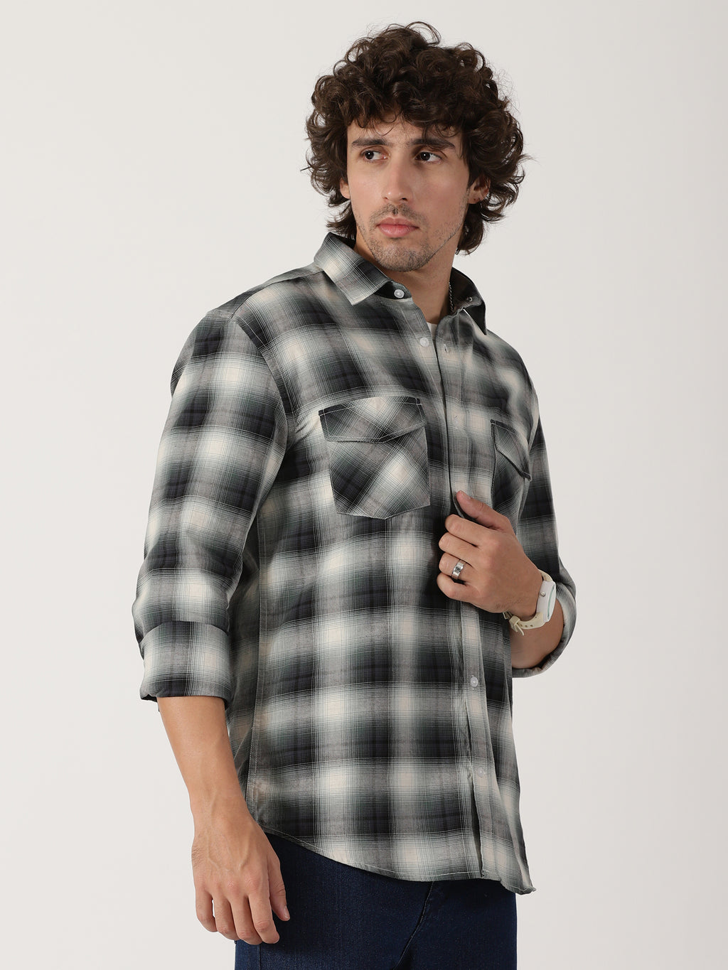 Green & black plaid cotton casual full sleeve shirt