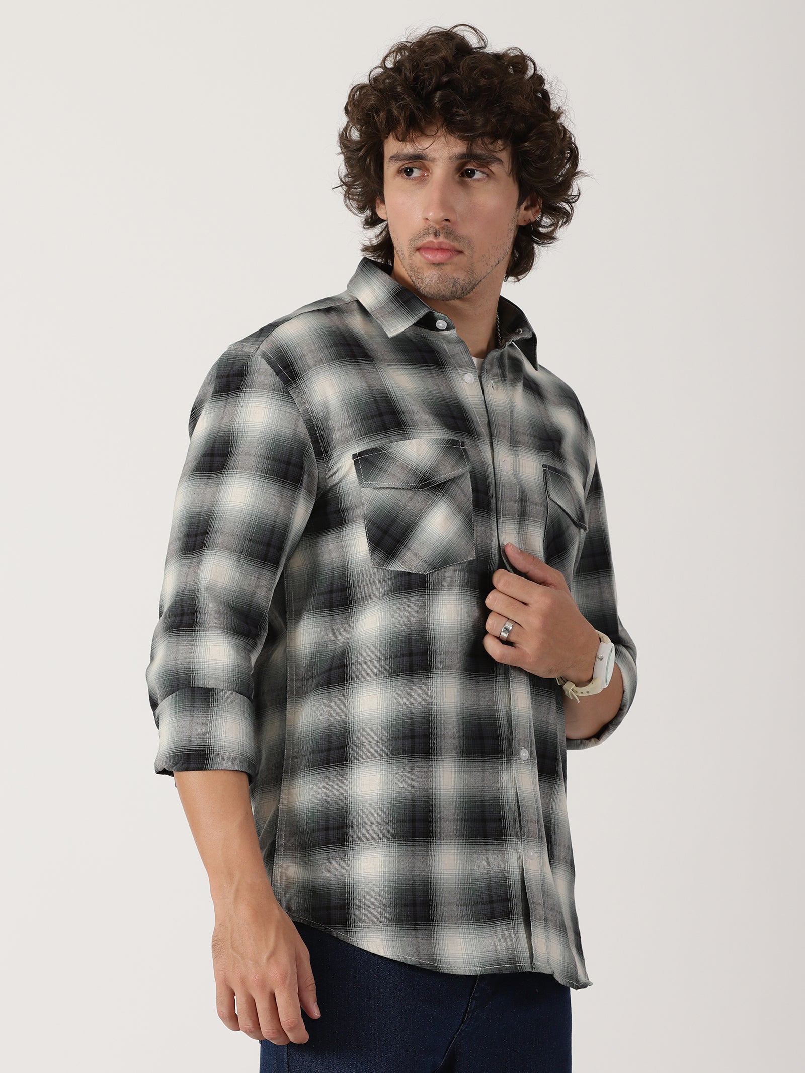 Green & black plaid cotton casual full sleeve shirt