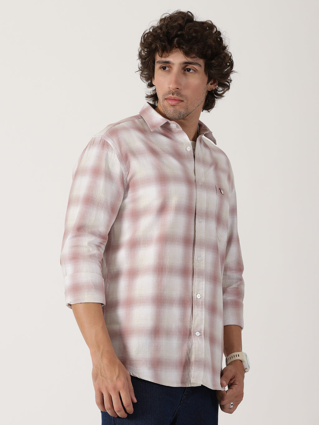 Dusty pink & white plaid cotton casual full sleeve shirt