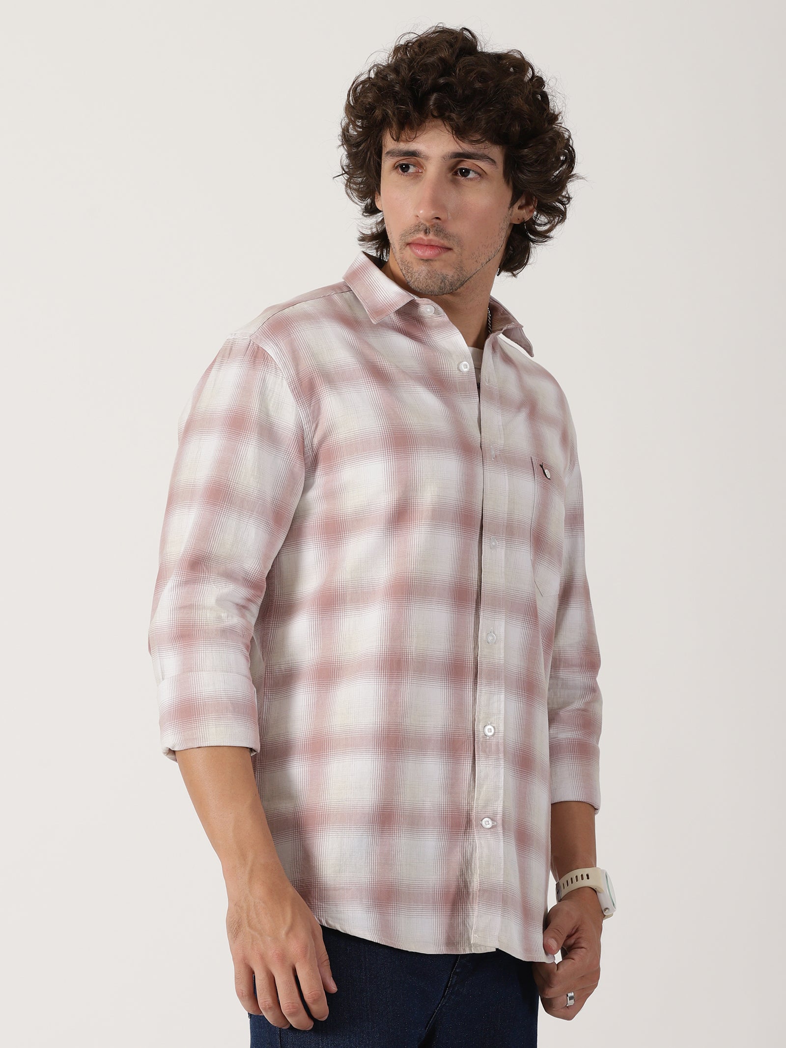 Dusty pink & white plaid cotton casual full sleeve shirt