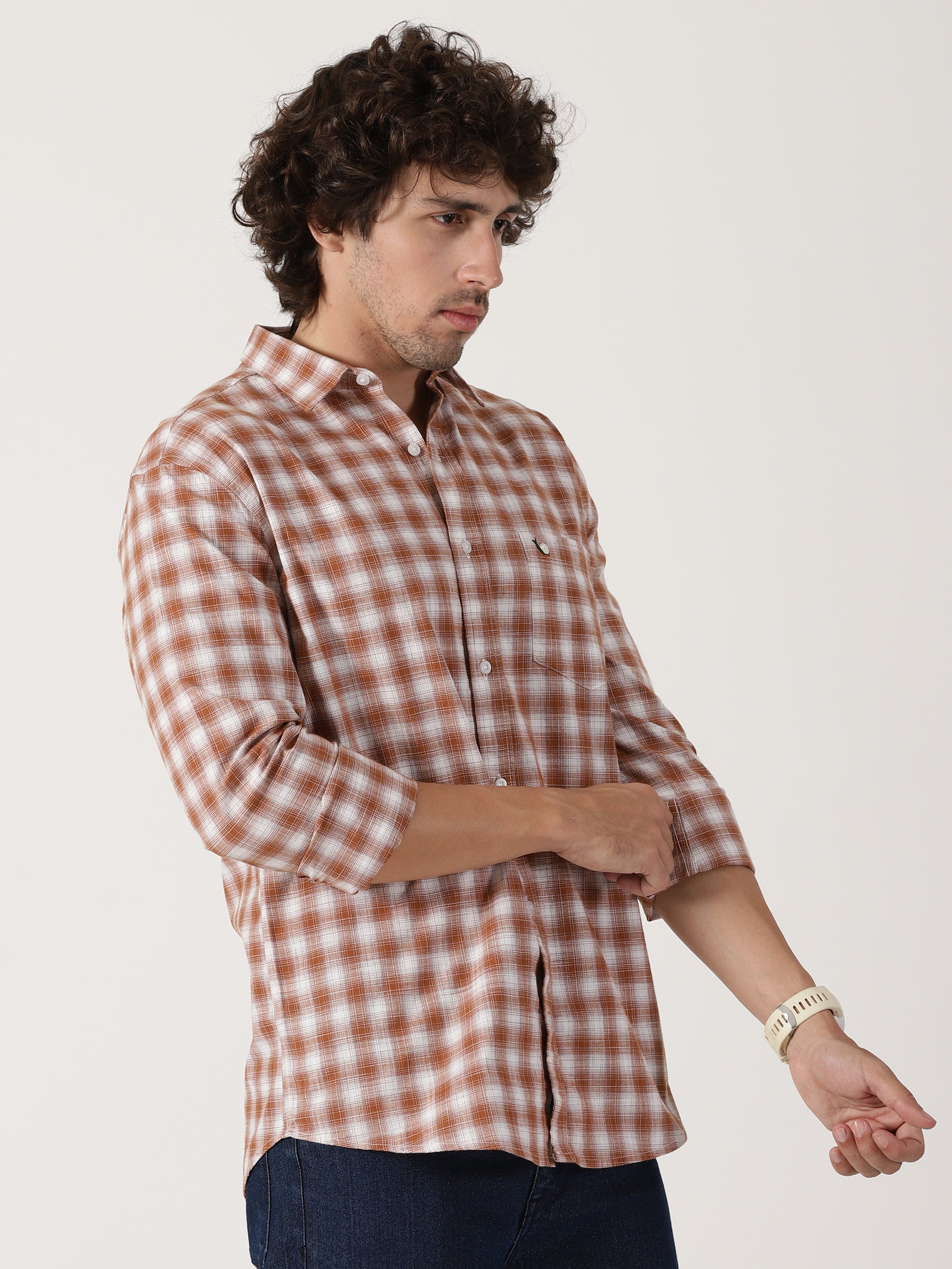 rust brown & white checkered cotton casual full sleeve shirt