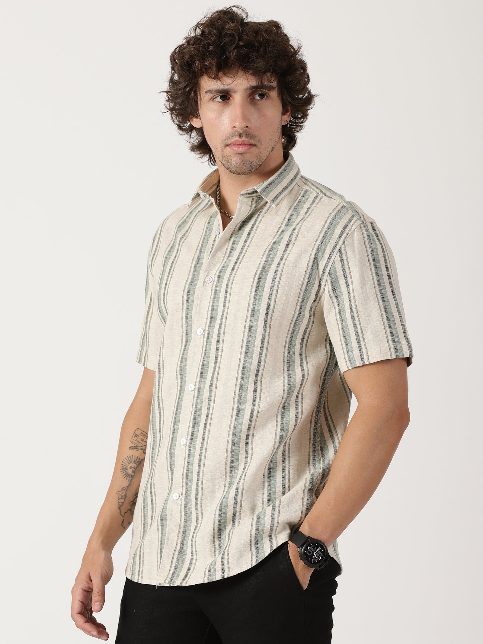 Beige & sage green vertical striped linen blend casual half sleeve