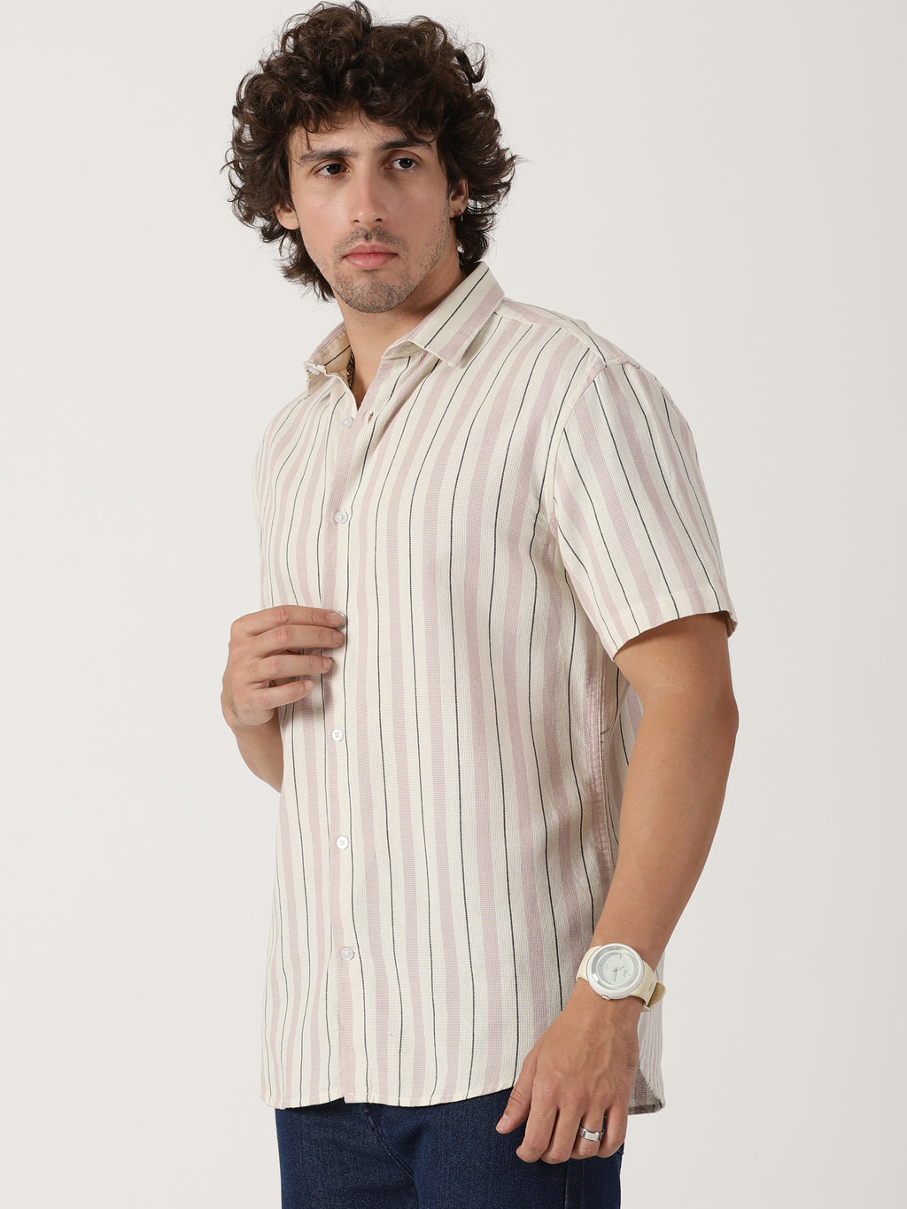 Cream & mauve vertical striped half sleeve