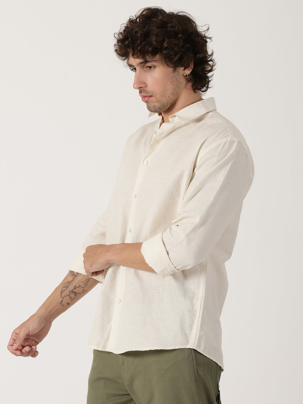 off white solid linen blend full sleeve shirt