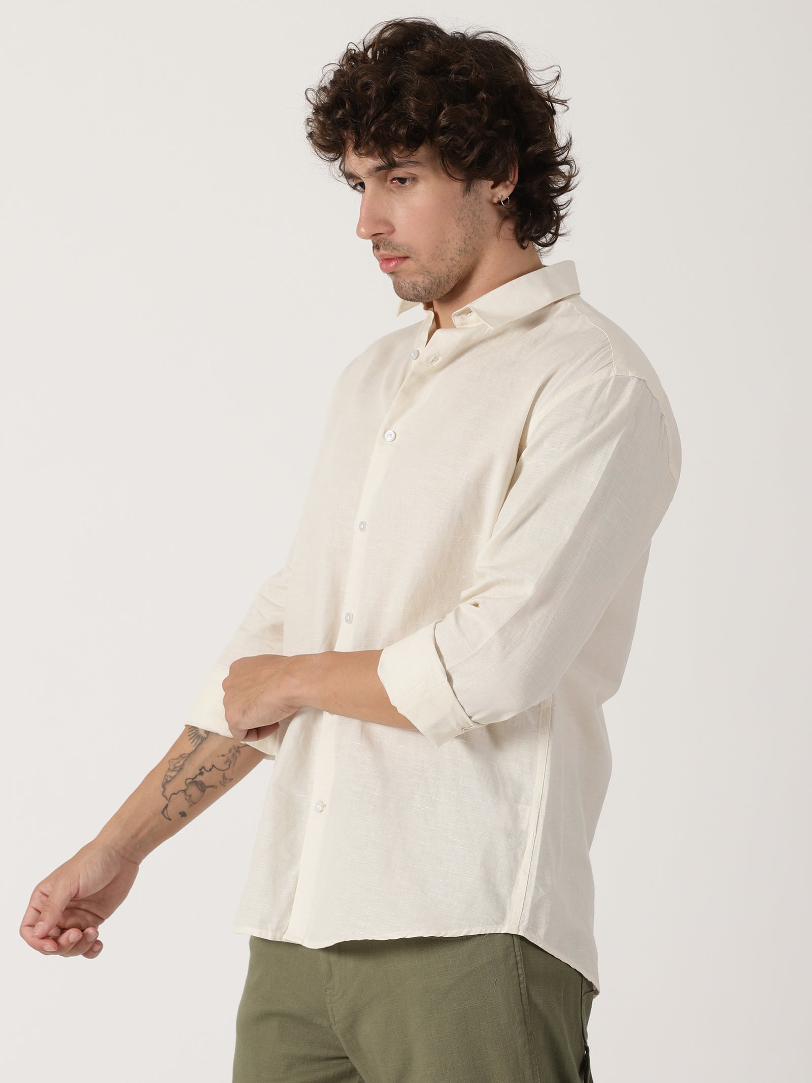 off white solid linen blend full sleeve shirt