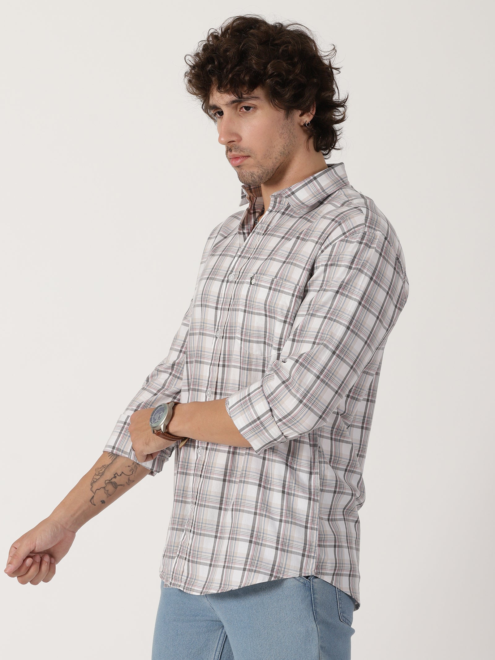 white & grey checkered casual full sleeve