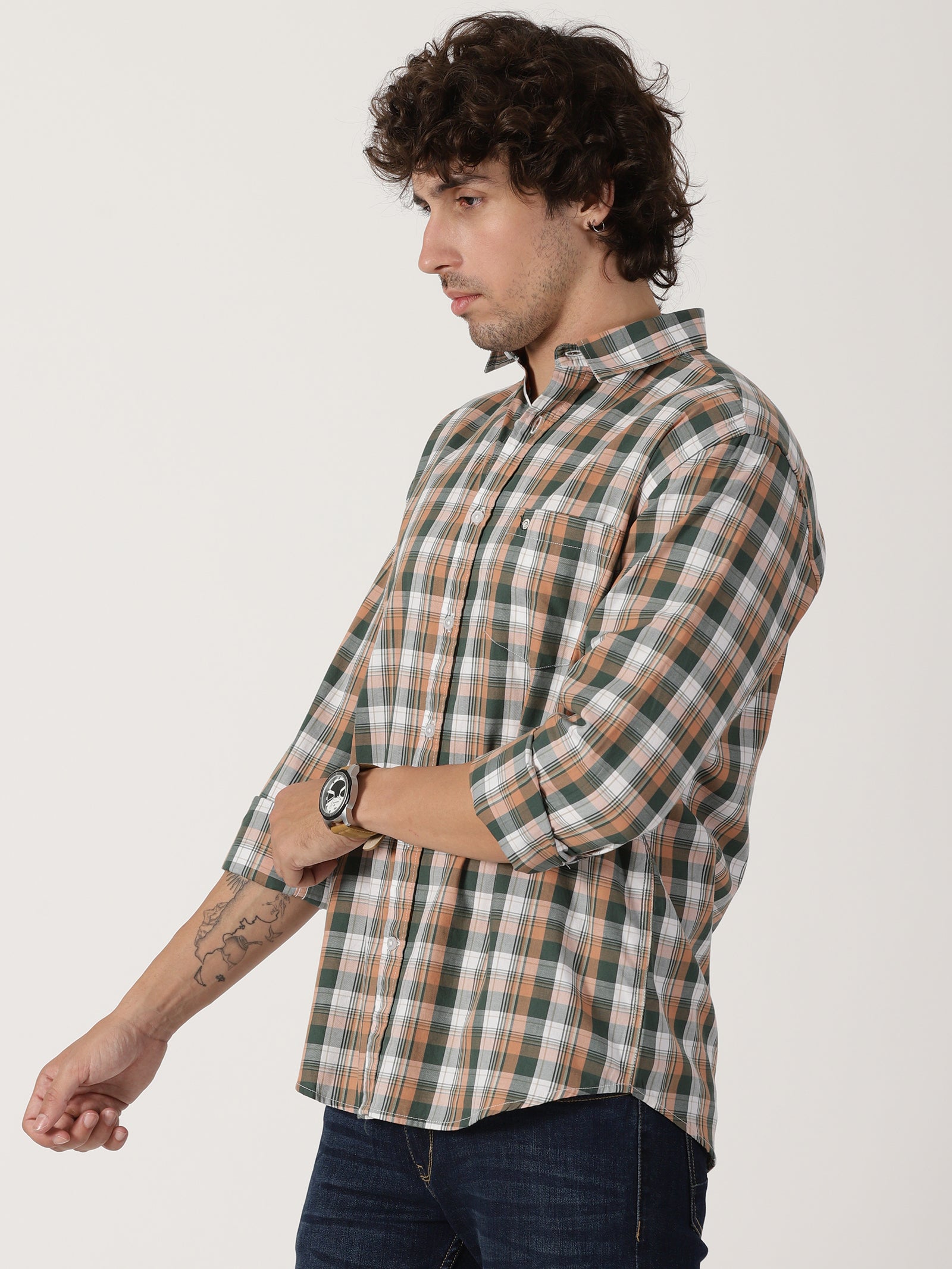 olive green & peach checkered causal full sleeve shirt