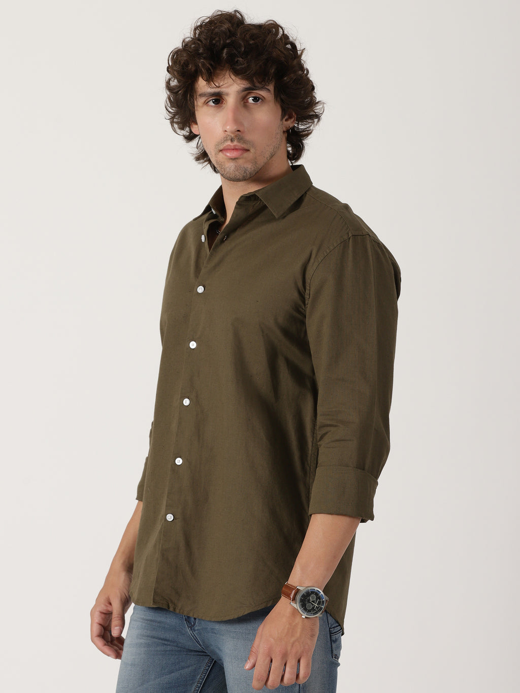 olive green linen full sleeve shirt